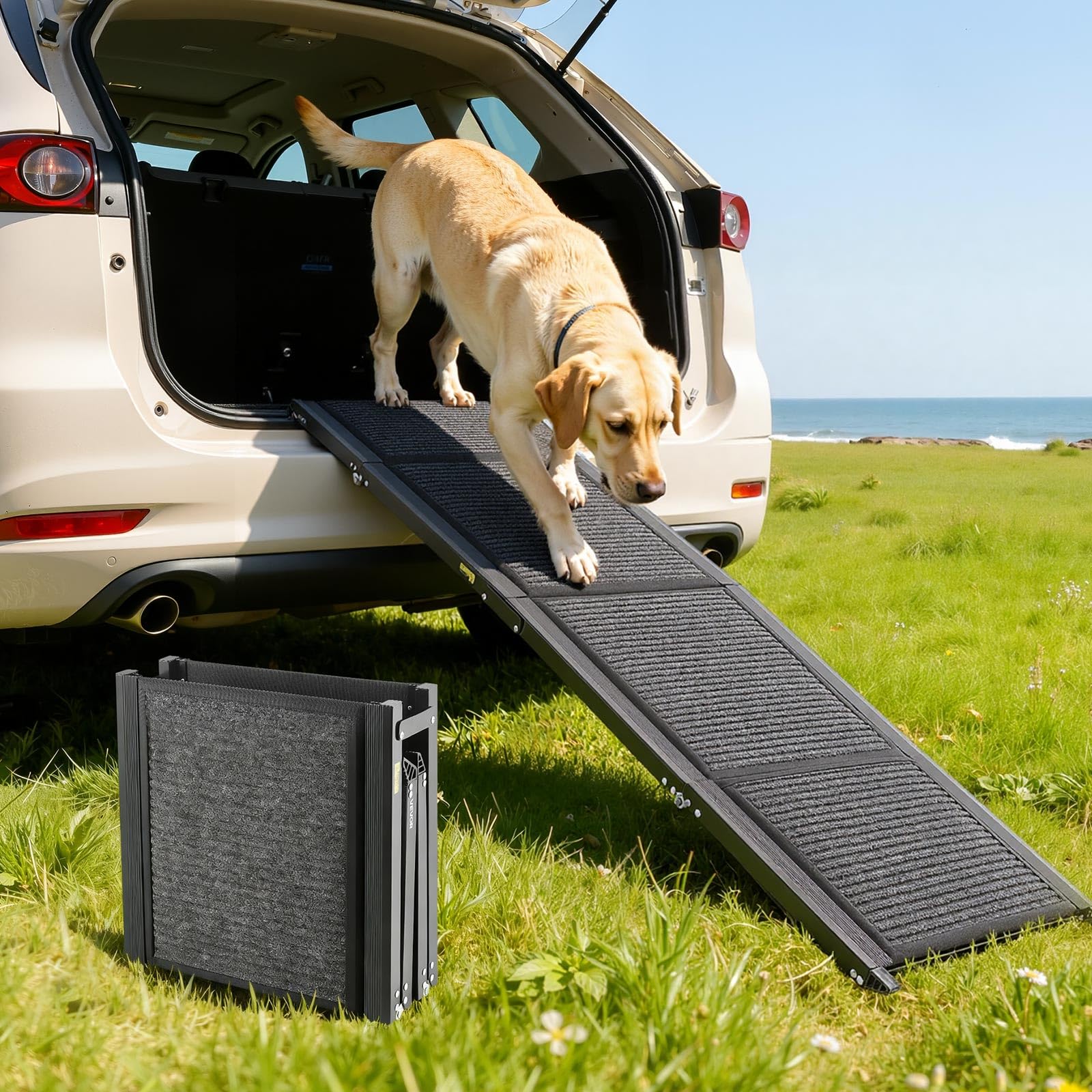 VEVOR dog ramp with 63-inch length for easy car access.
