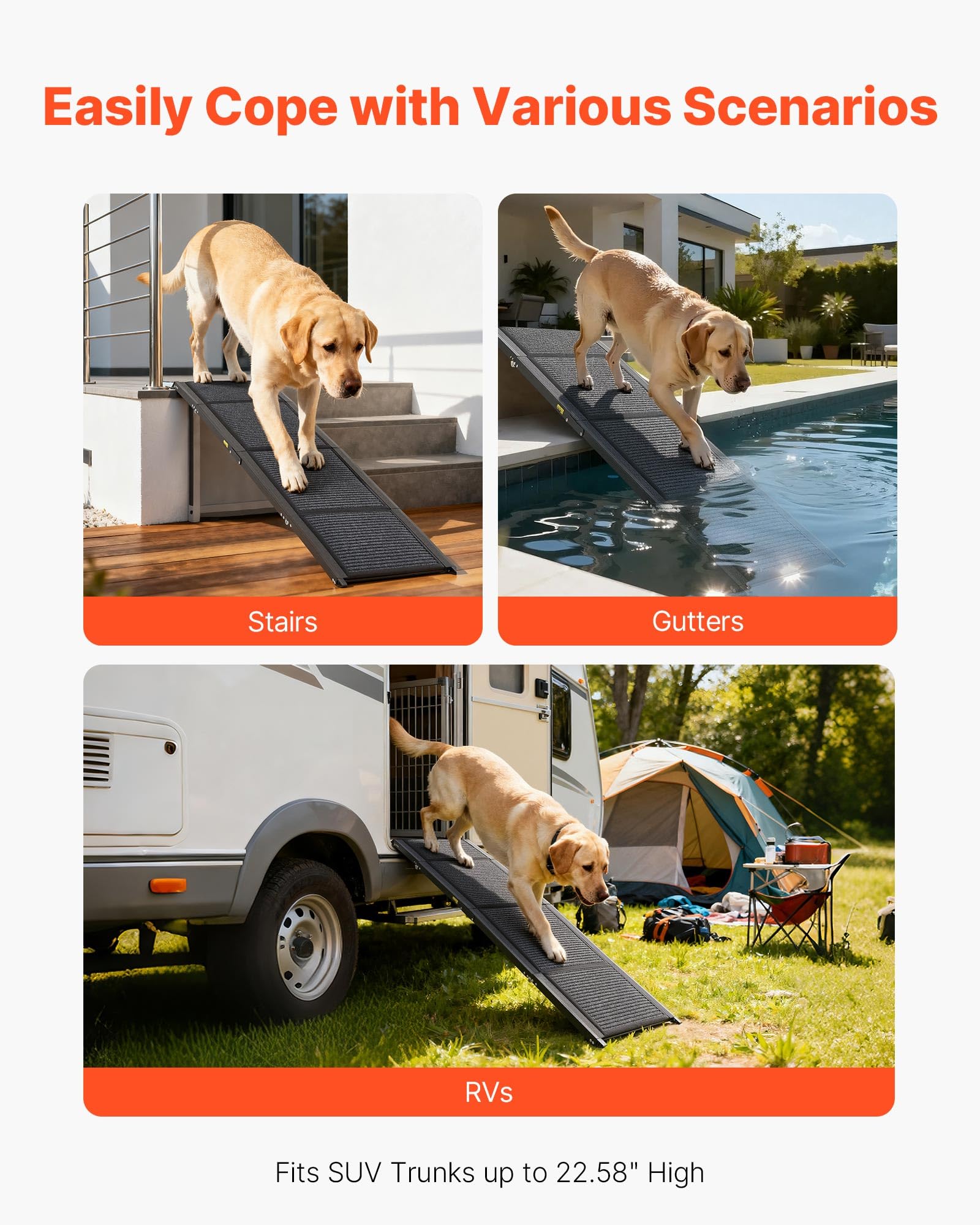 VEVOR dog ramp extended to 180 cm with a gentle slope.
