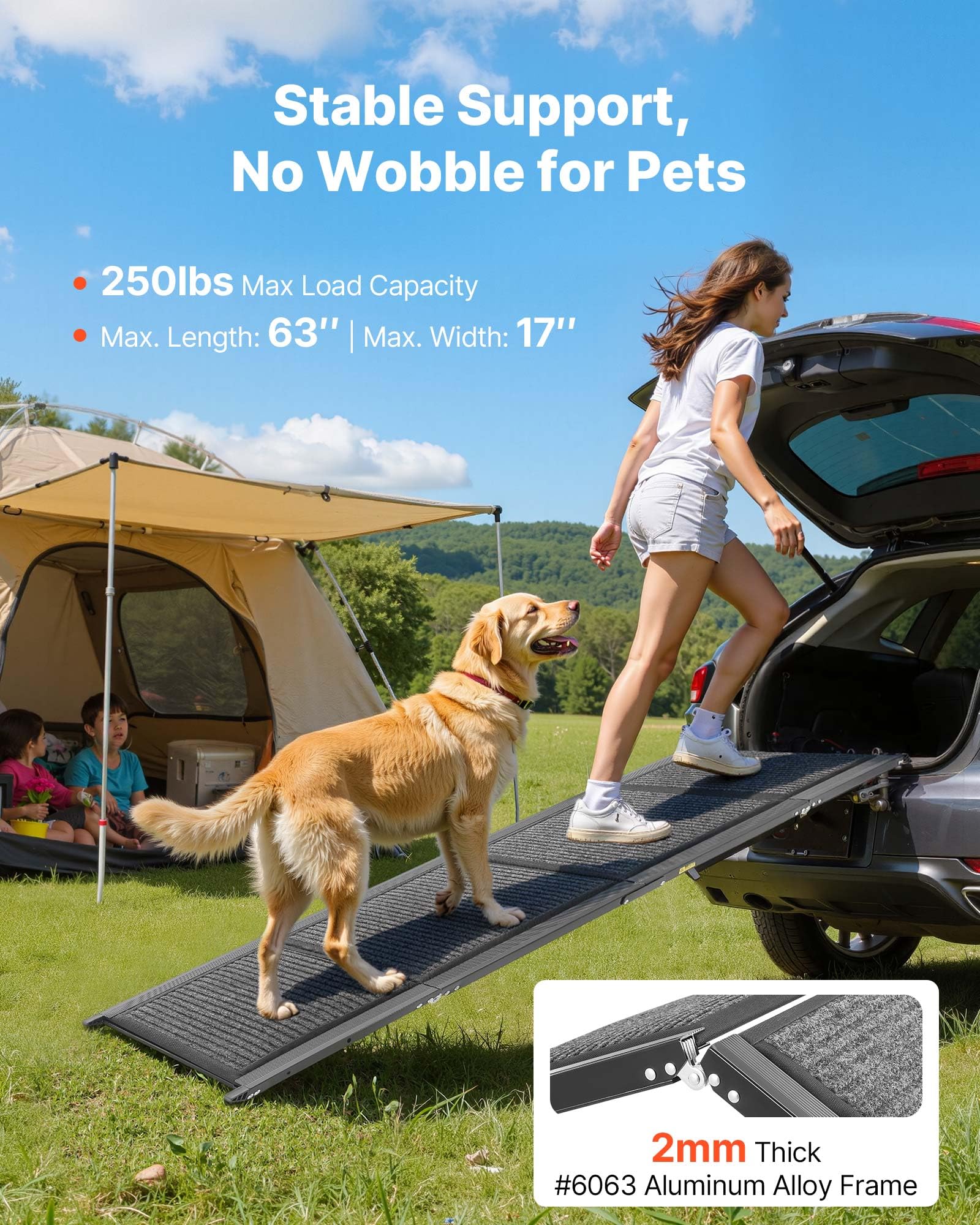 VEVOR dog ramp folding design enables compact storage.
