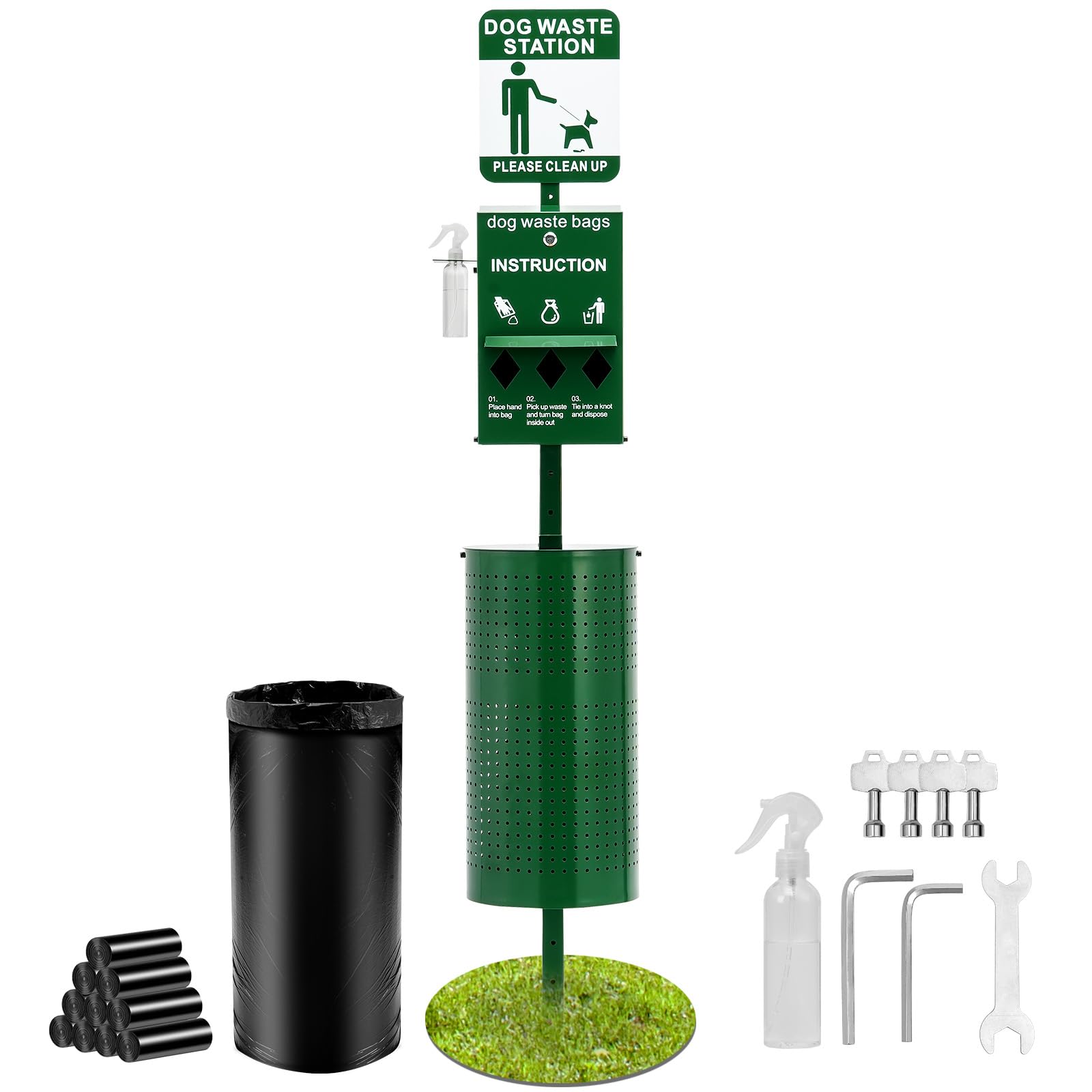 VEVOR dog waste station with hand wash bottle enables quick outdoor cleanup
