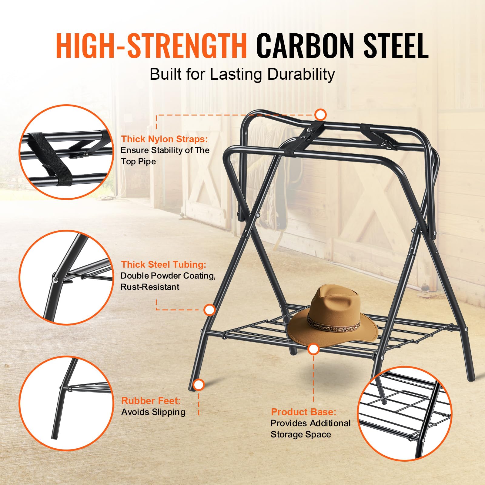 VEVOR folding saddle rack in stable use stores three saddles securely