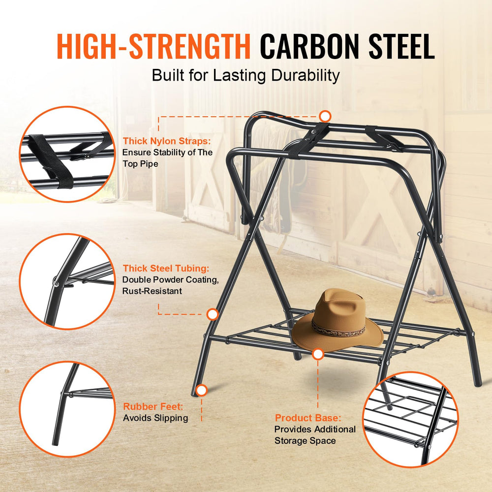 VEVOR folding saddle rack in stable use stores three saddles securely