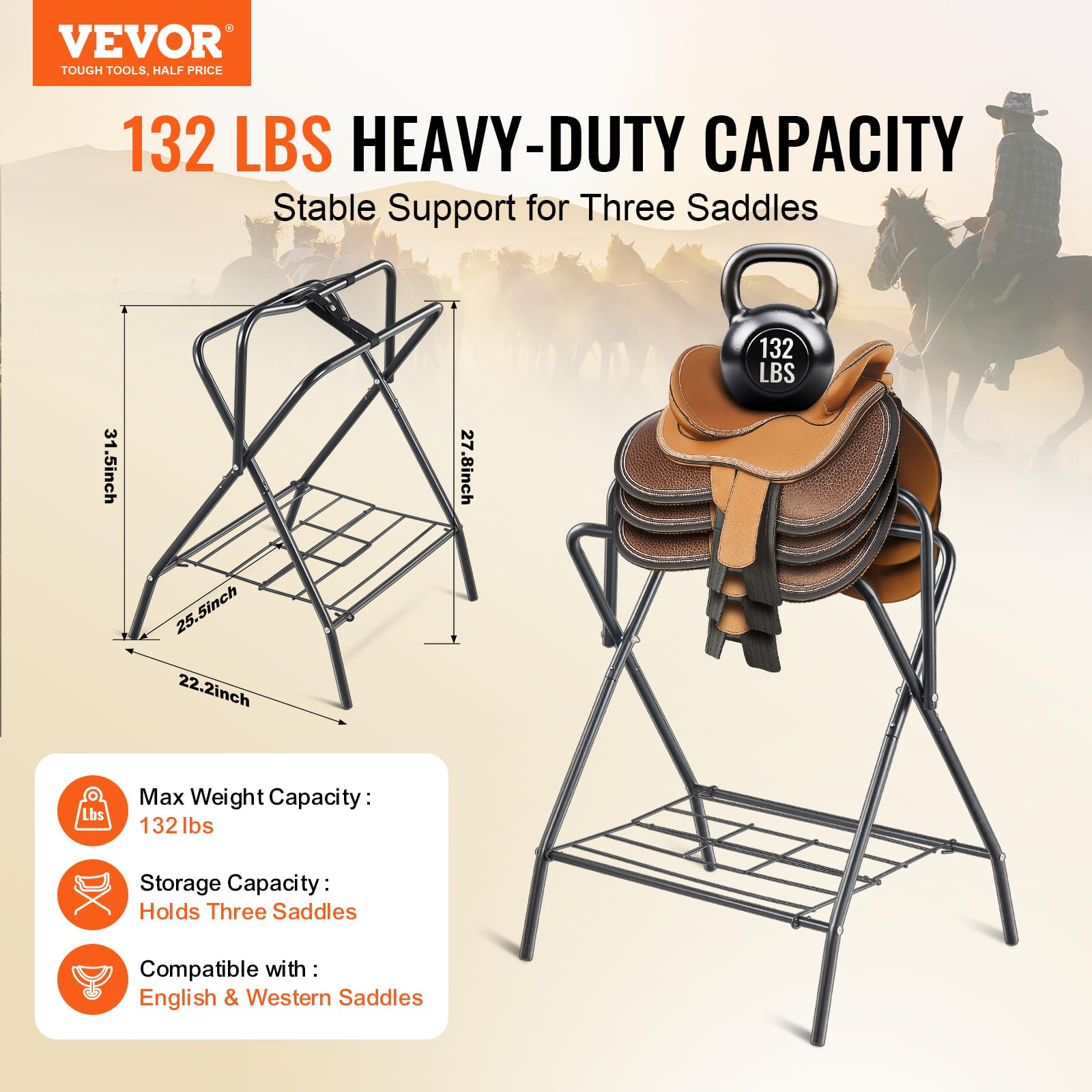 VEVOR folding saddle rack side view highlighting compact, space-saving profile