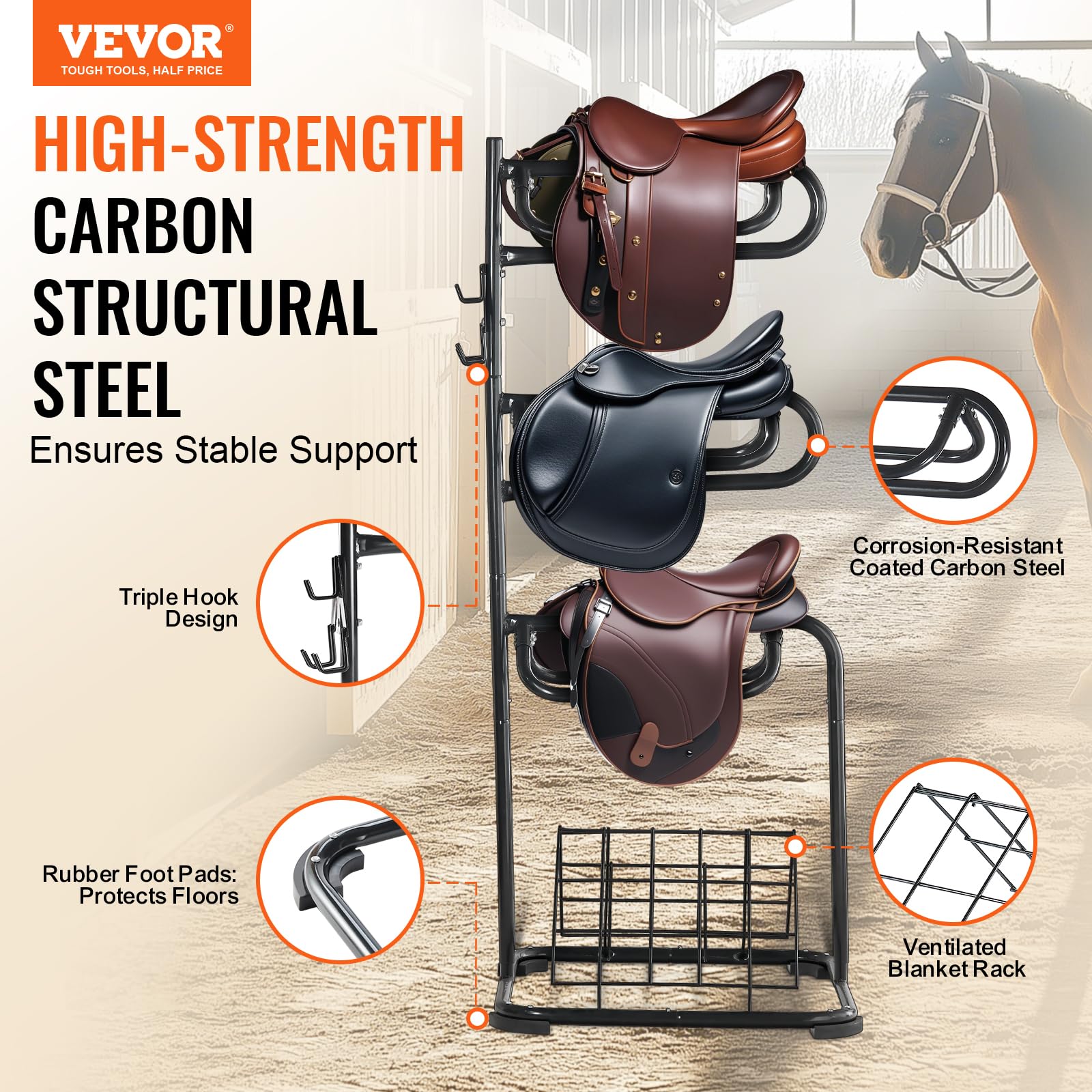VEVOR freestanding saddle stand side view showing stable upright frame