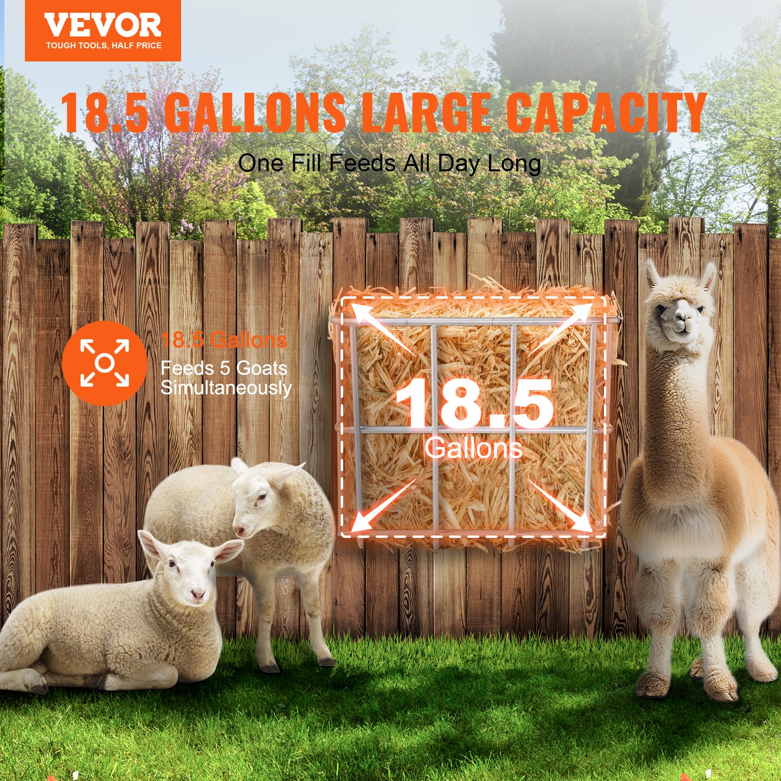 VEVOR goat hay rack highlights heavy-duty steel construction.