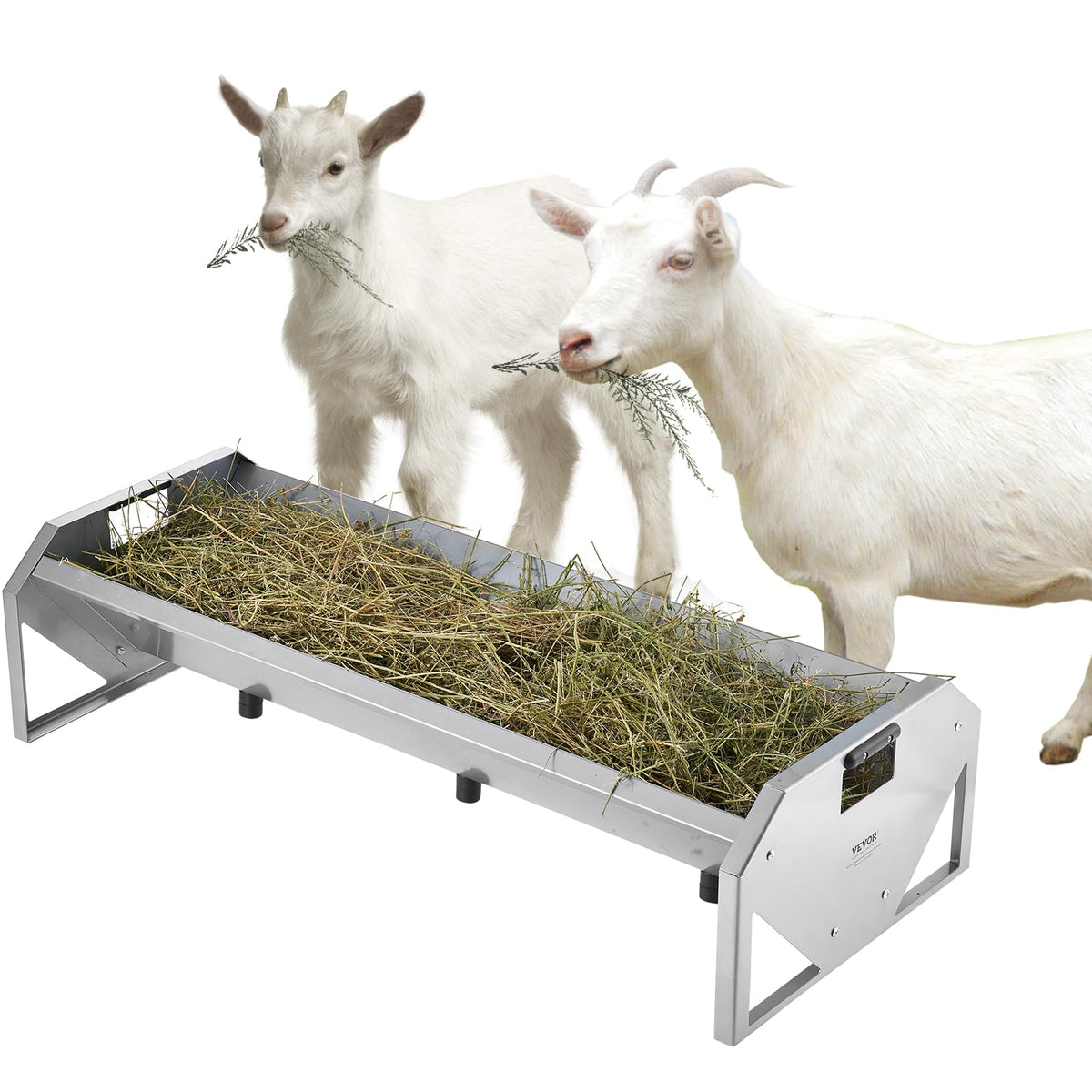 VEVOR livestock feeding trough front view showing 22-gallon capacity for up to 10 goats