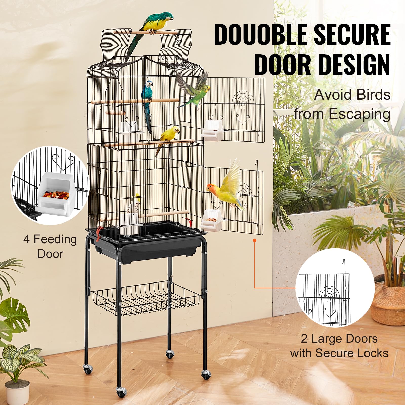 VEVOR bird cage interior with feeders, perches, and swing for play.