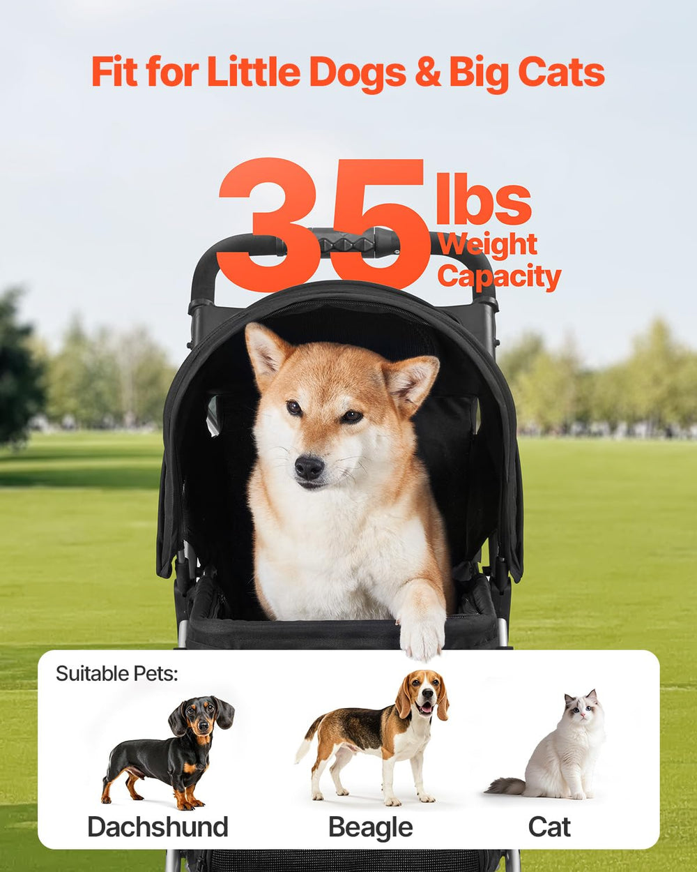 VEVOR Pet Stroller supports up to 35 pounds for small to mid-size pets.