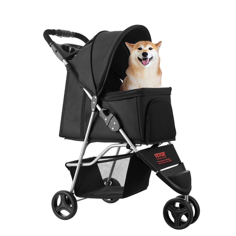 VEVOR Pet Stroller features a 360-degree front wheel and rear brakes for control.