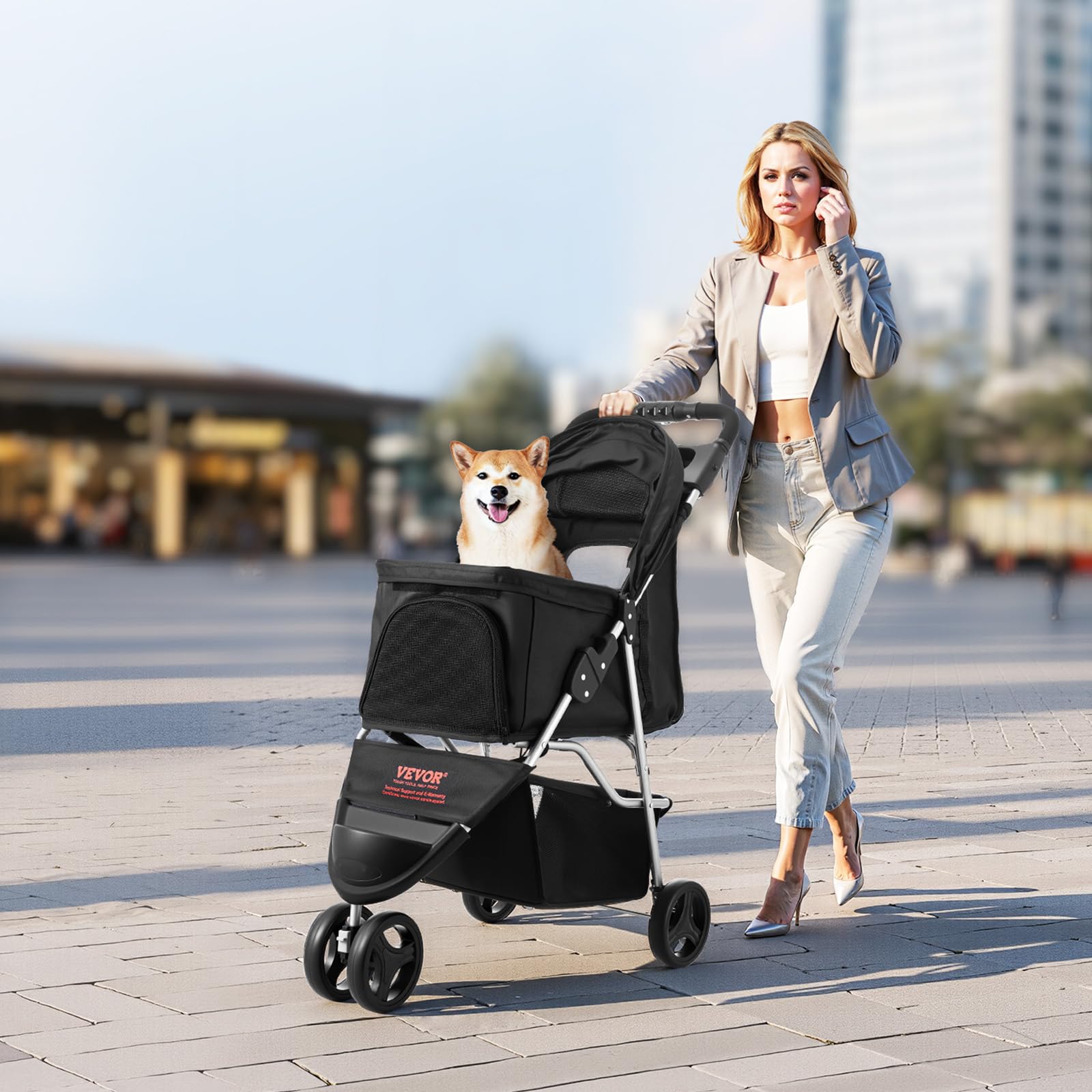 VEVOR Pet Stroller rides smoothly on diverse surfaces with 6-inch wheels.