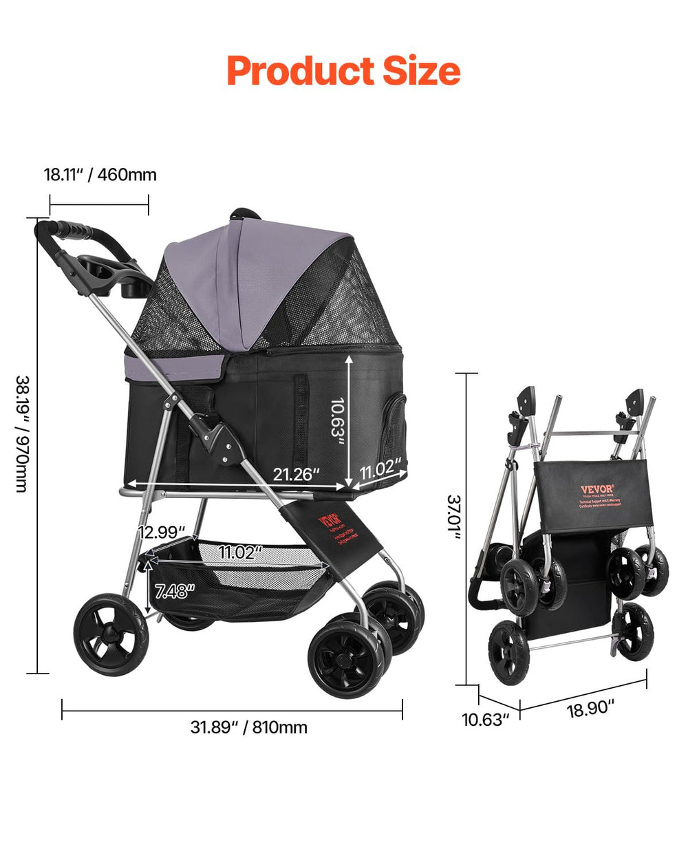 VEVOR Pet Stroller with four wheels for stable rides on various surfaces
