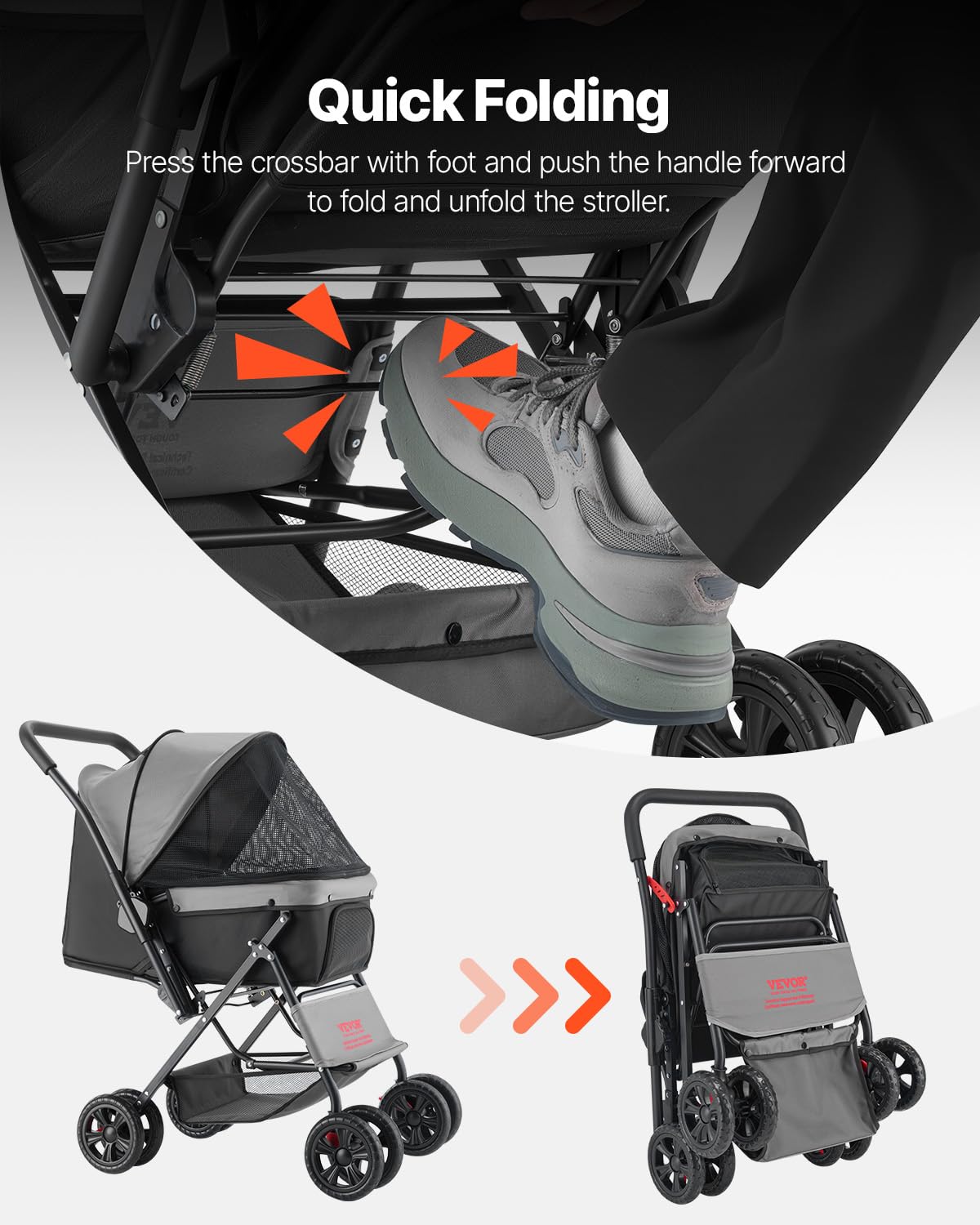 VEVOR pet stroller 7-inch EVA wheels absorb shocks for smooth rides.