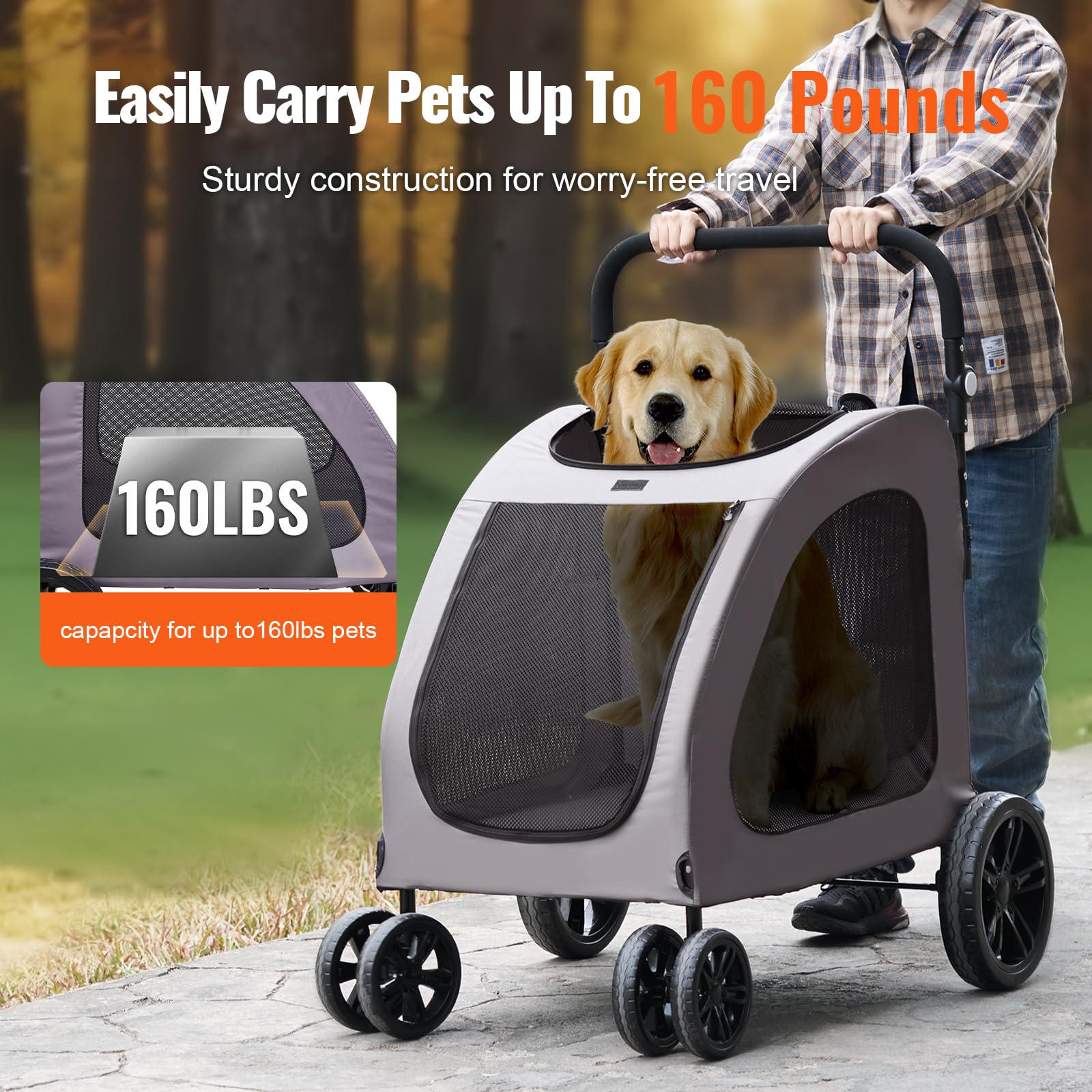 VEVOR Pet Stroller side view shows ergonomic handling and breathable mesh