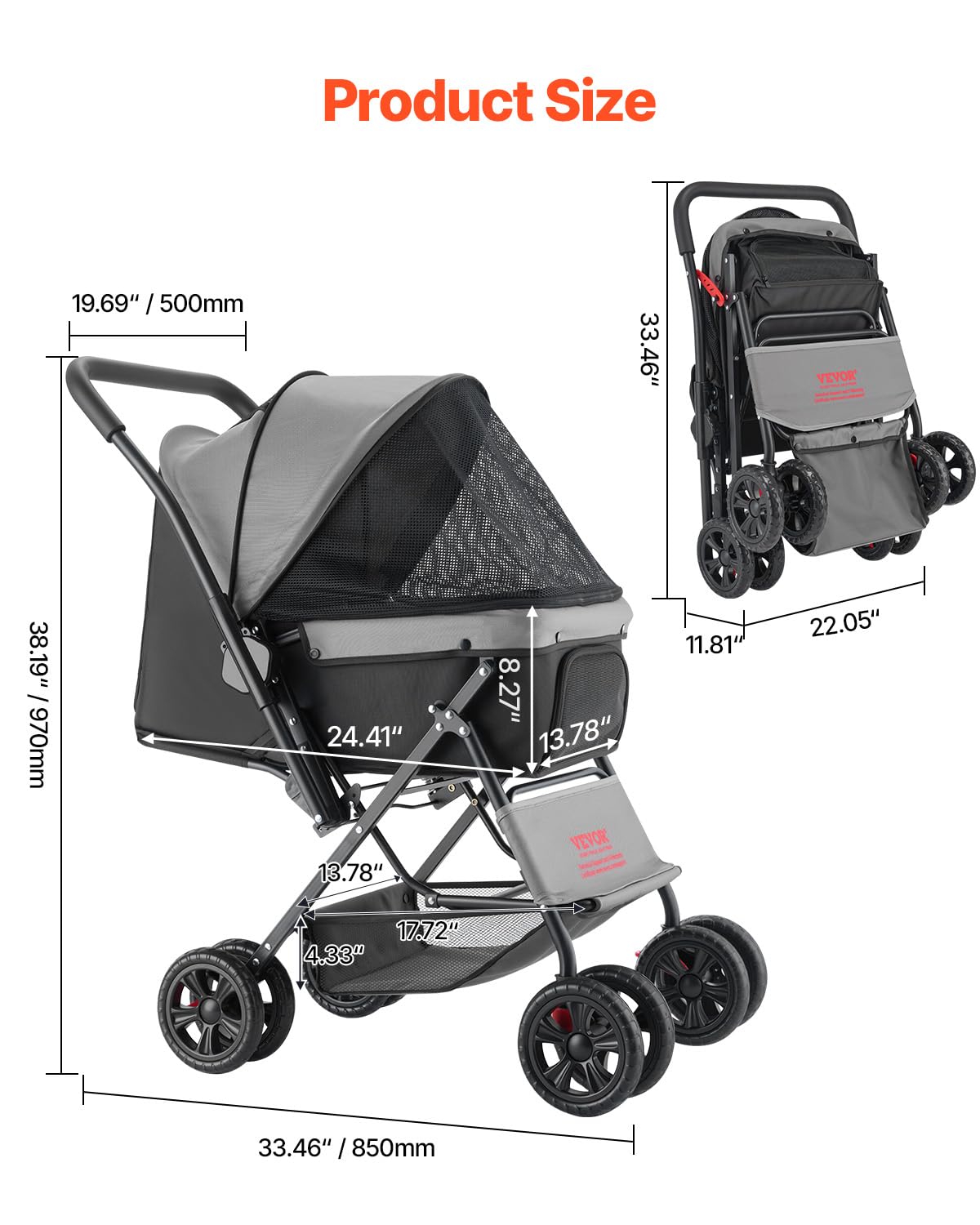 VEVOR pet stroller side view with a pet demonstrates a comfortable ride and clear outward visibility.