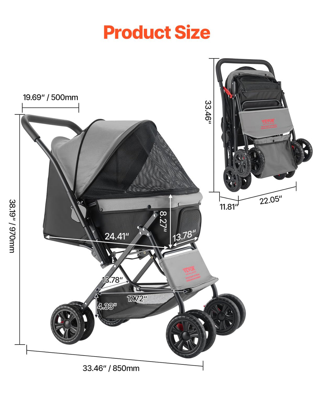 VEVOR pet stroller side view with a pet demonstrates a comfortable ride and clear outward visibility.