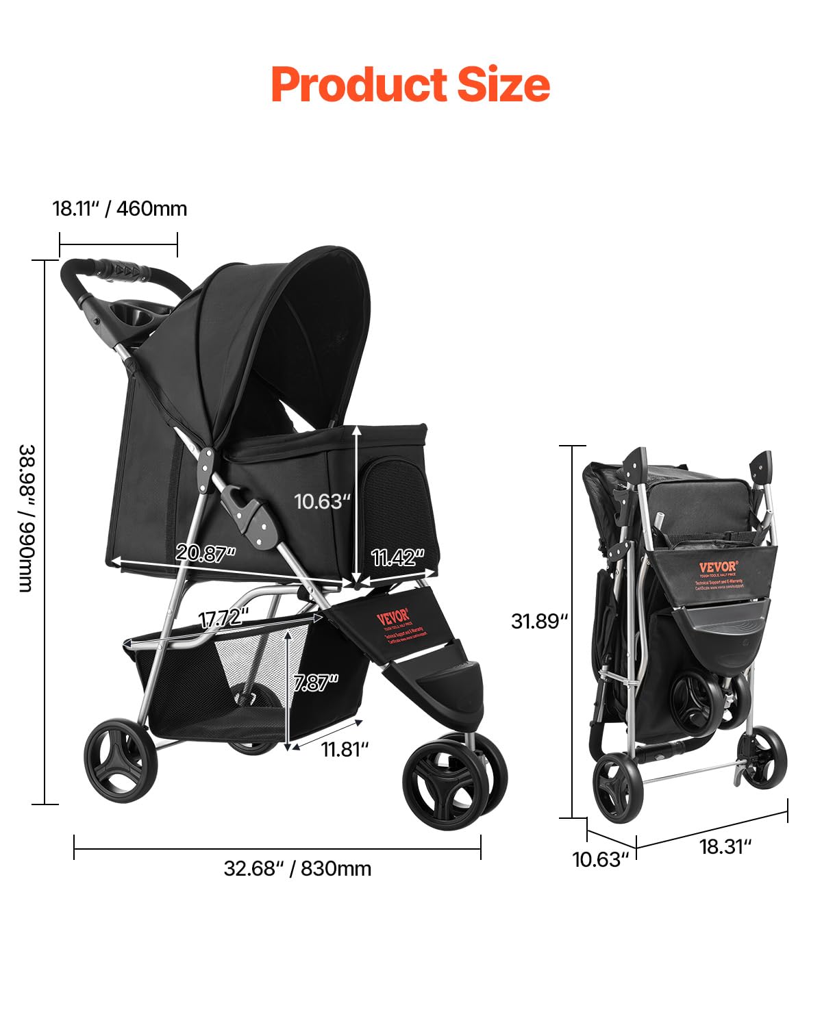 VEVOR Pet Stroller demonstrates a three-wheel design for versatile mobility.