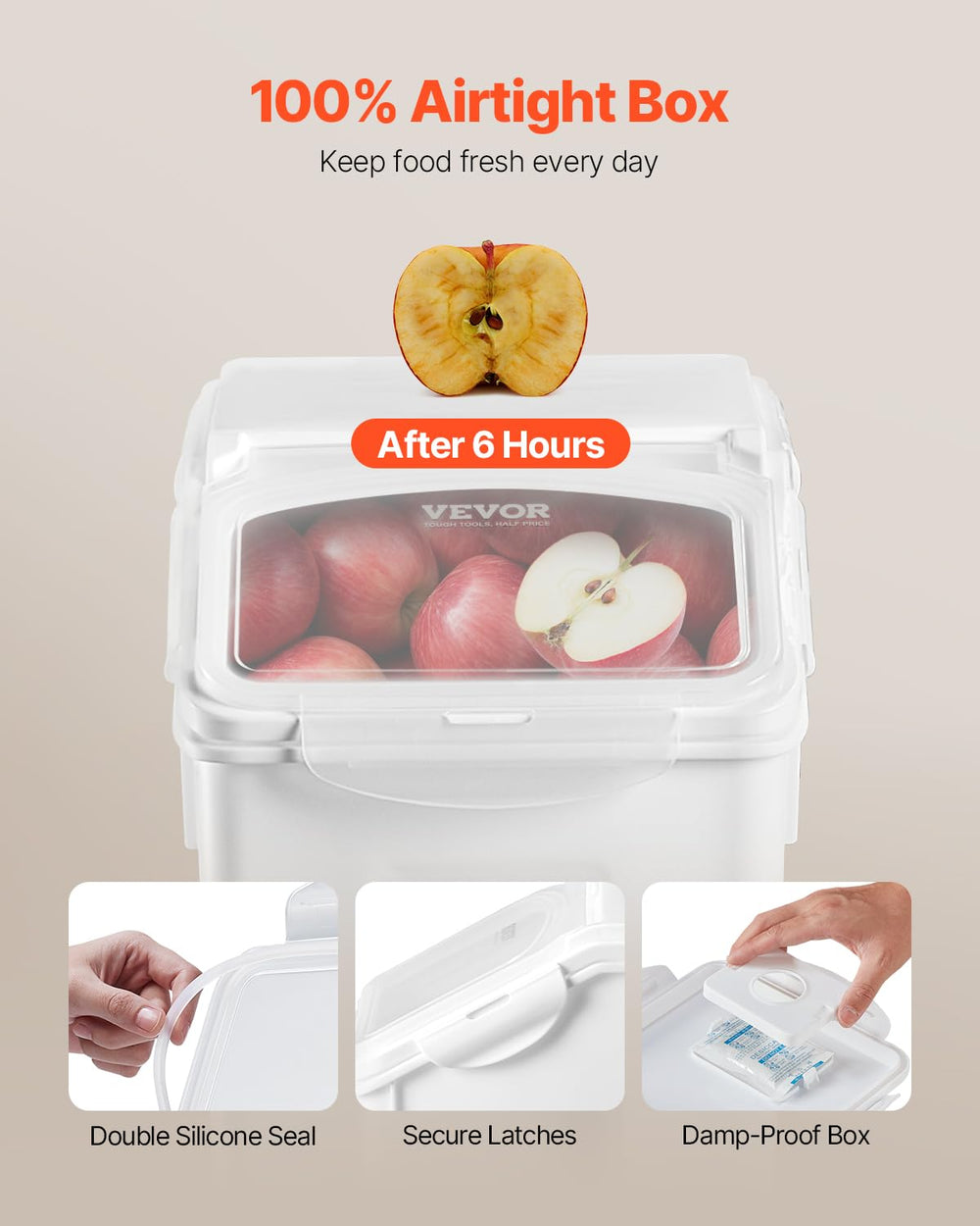 VEVOR airtight lid closeup shows secure, damp-proof seal for freshness.