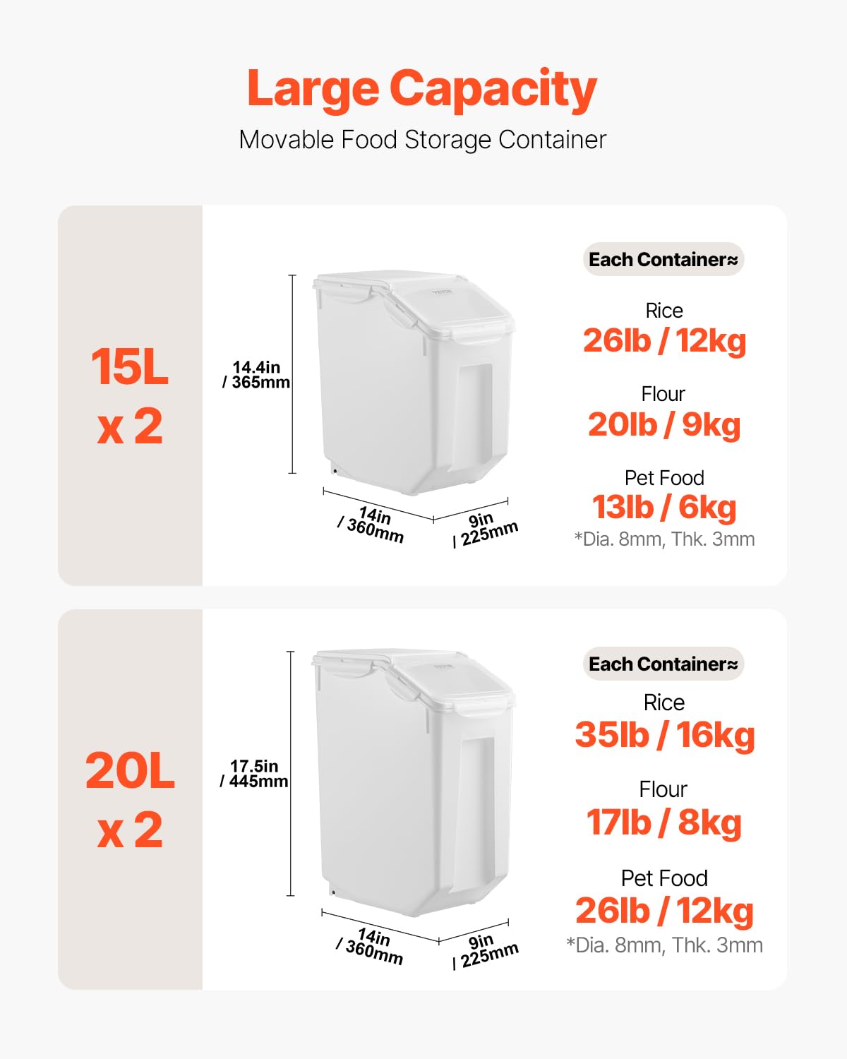 VEVOR rice storage container 20L pack shot highlights large capacity for dry staples.