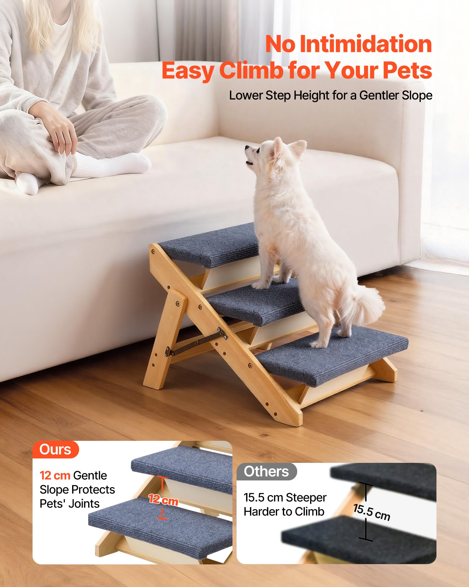VEVOR Wood Pet Stairs fold-flat design for easy storage and transport.