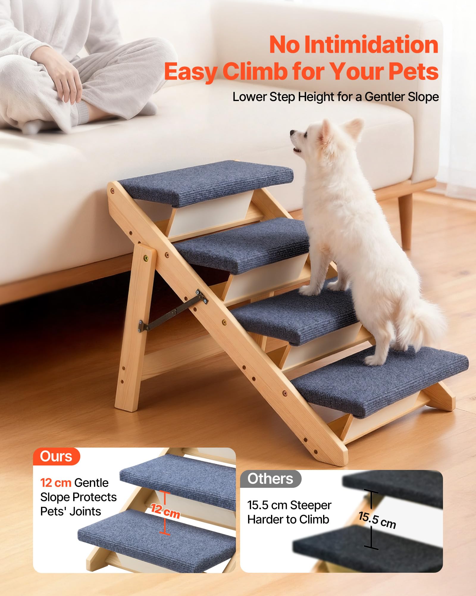 VEVOR Wood Pet Stairs folded flat for easy storage beside sofa