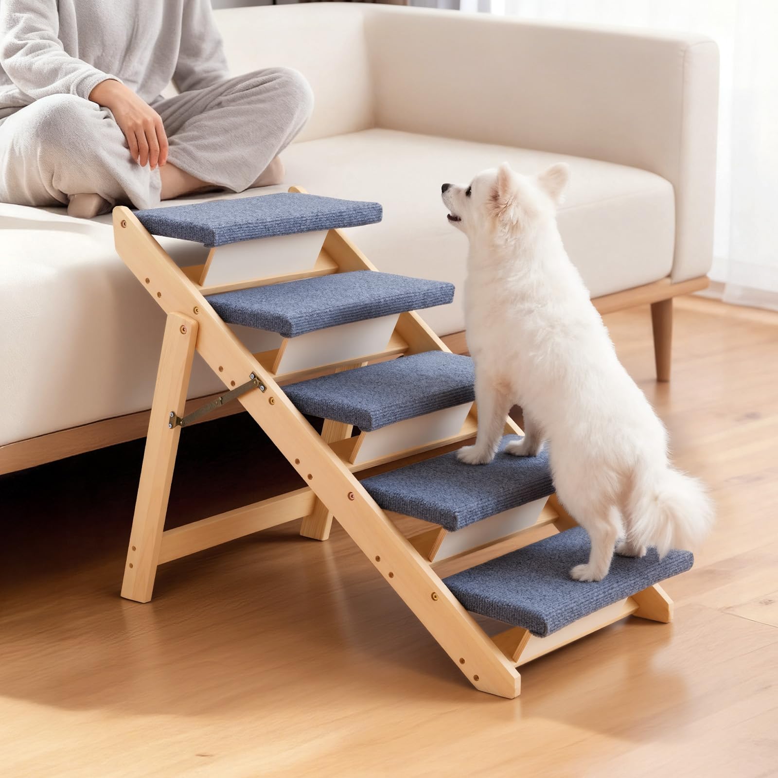 Stairs used in car by pet to reach seats