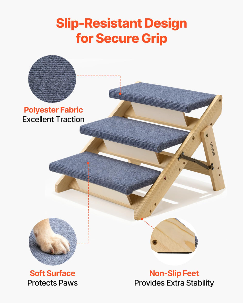 VEVOR Wood Pet Stairs non-slip bottom keeps pets secure on slick floors.