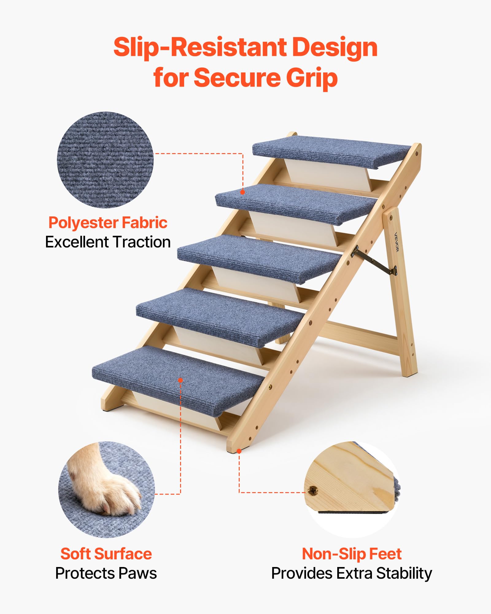 Soft fabric cover on VEVOR Wood Pet Stairs provides paw traction