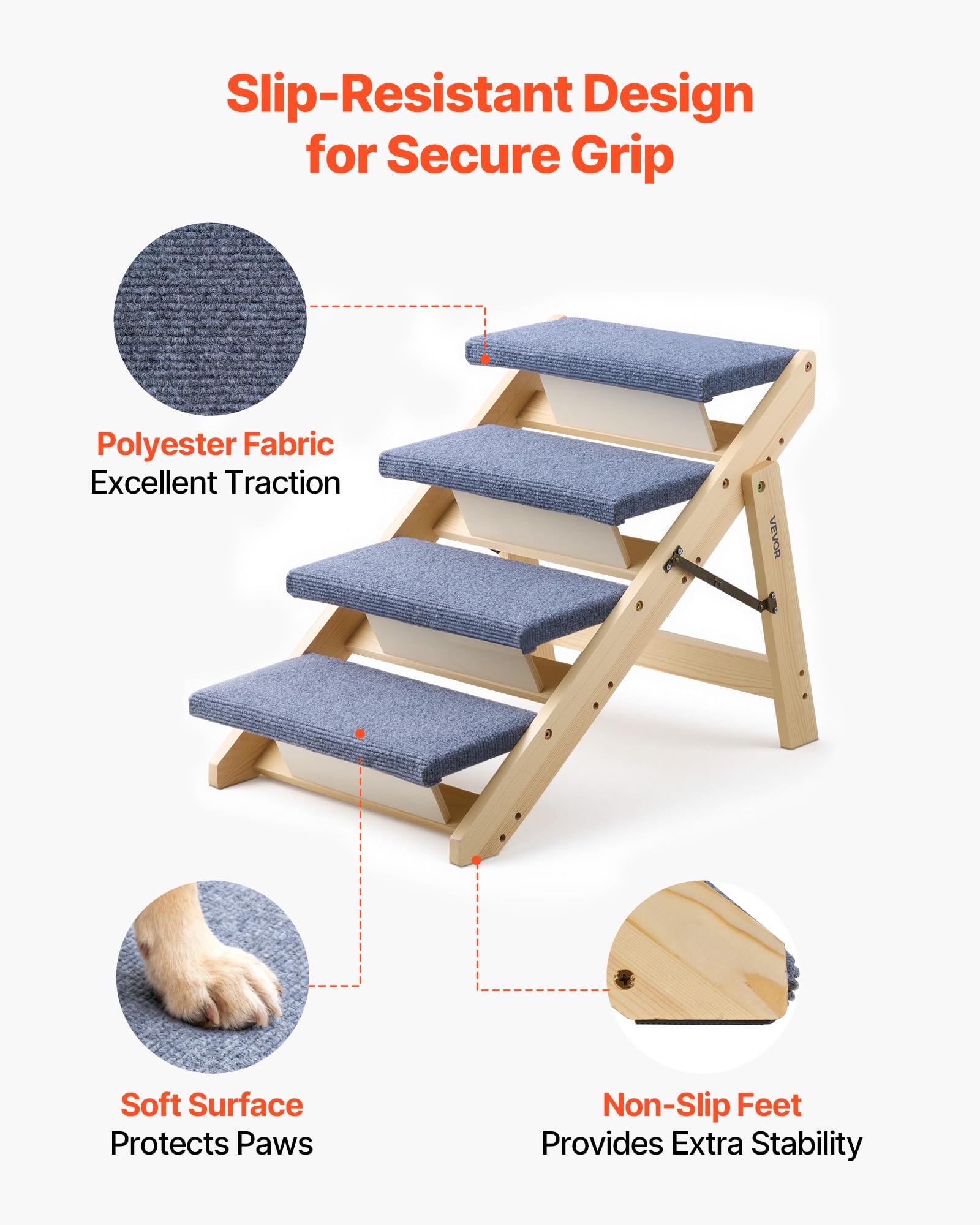 VEVOR Wood Pet Stairs soft fabric cover provides paw traction and comfort