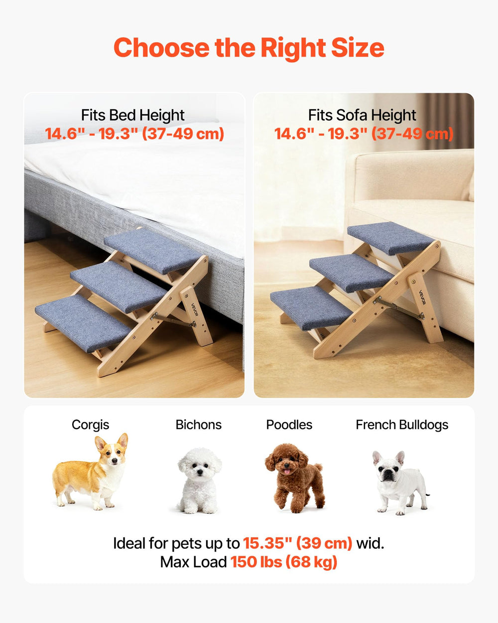 VEVOR Wood Pet Stairs soft fabric cover provides comfortable paw traction.