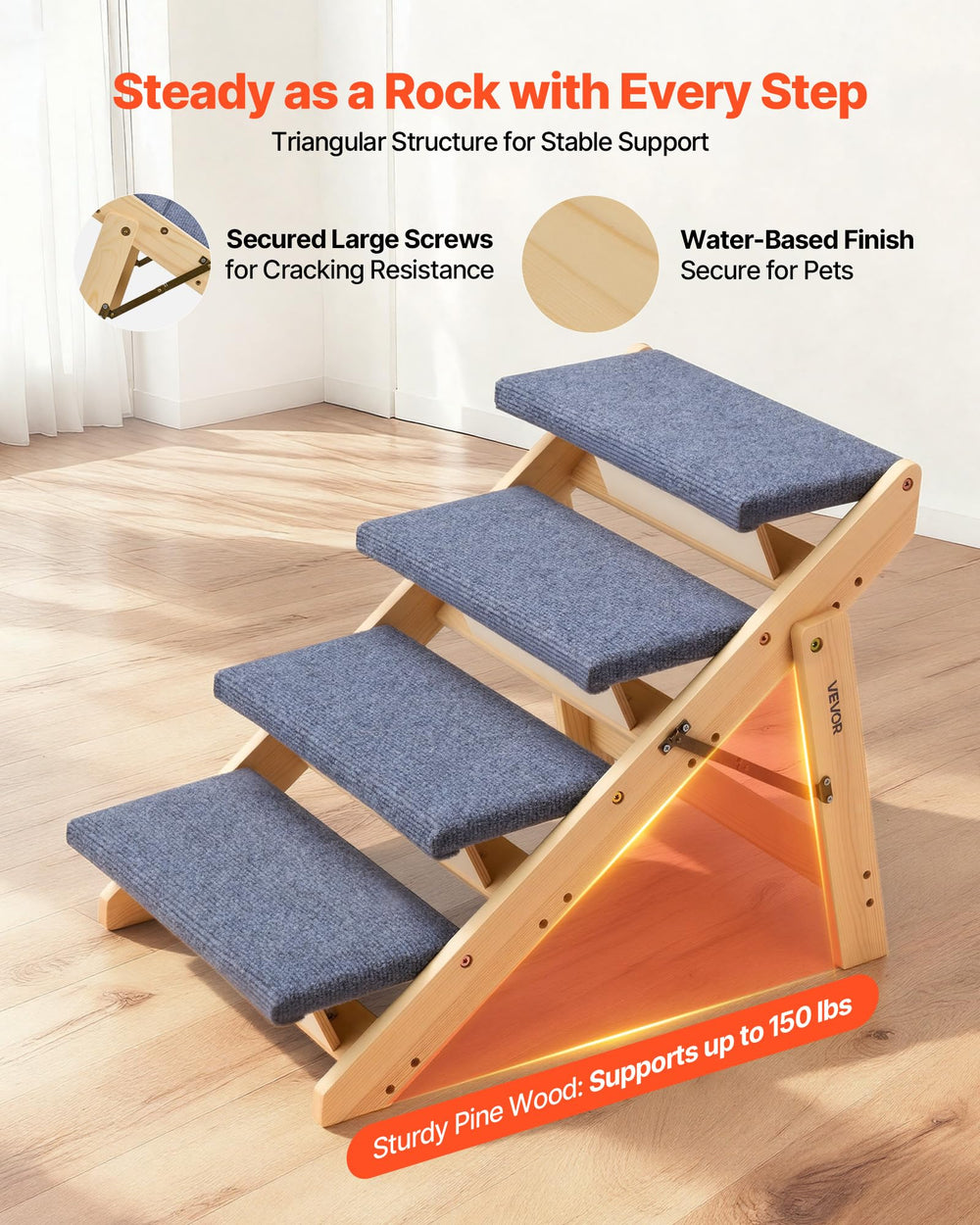 Detail of VEVOR Wood Pet Stairs step height for gentle incline