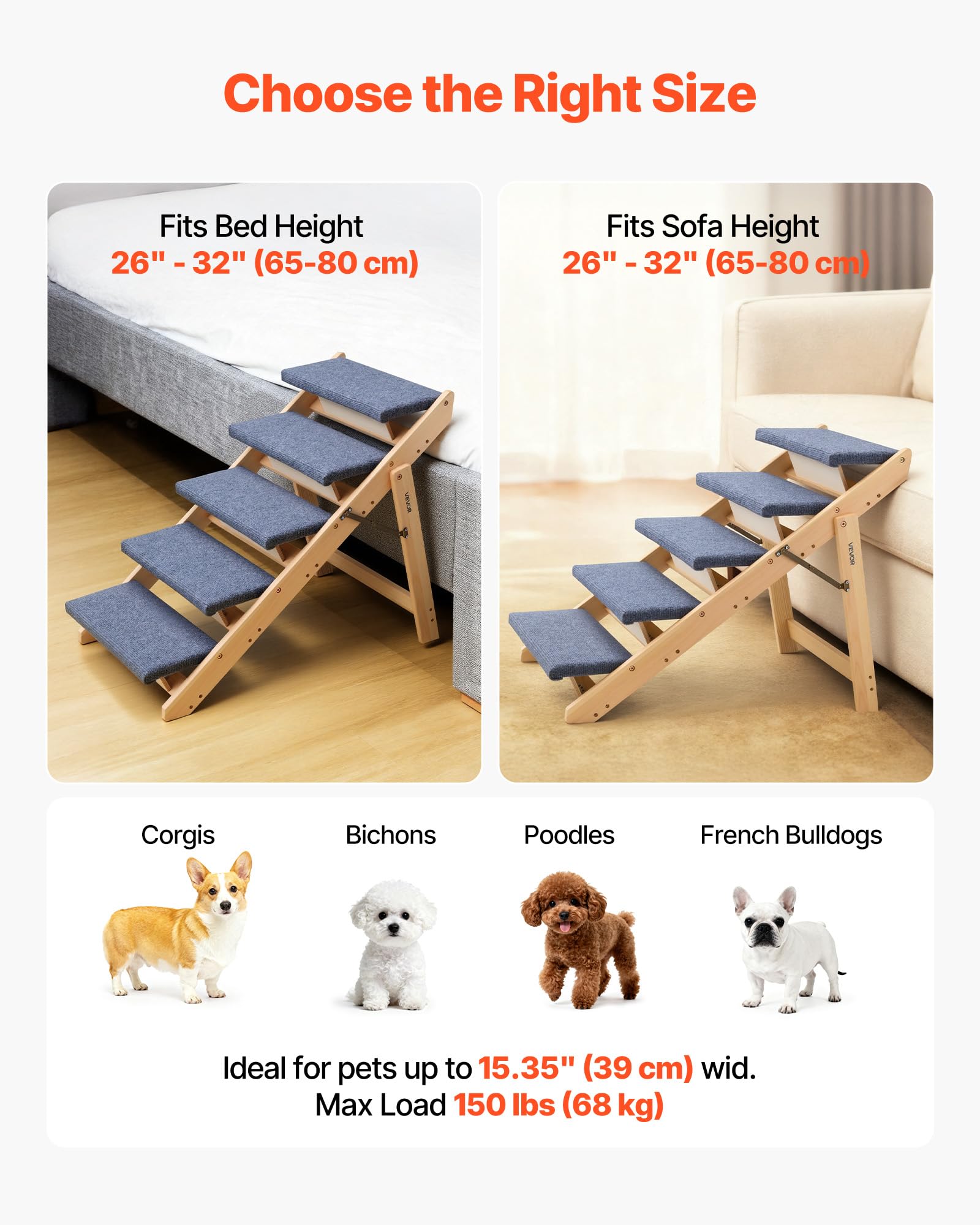 Sturdy wood frame of VEVOR Wood Pet Stairs supports up to 150 lbs