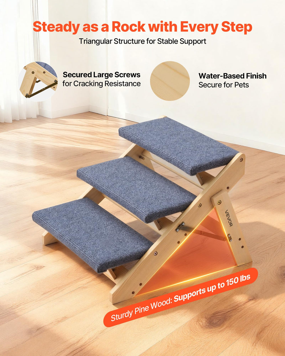 VEVOR Wood Pet Stairs sturdy wood frame ensures stable indoor climbs.
