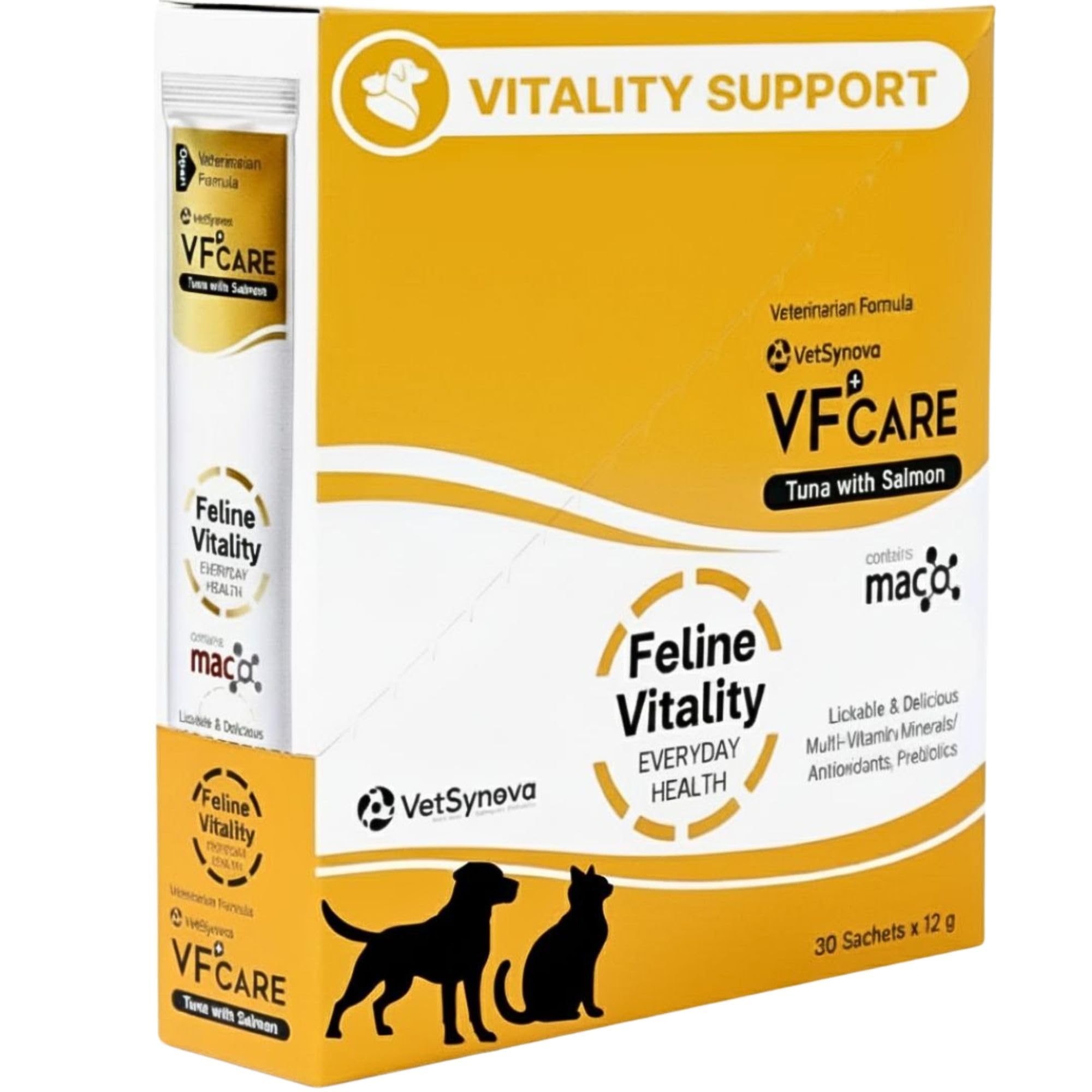 VFCARE Feline Vitality lickable paste tube showing convenient daily immune and coat support.