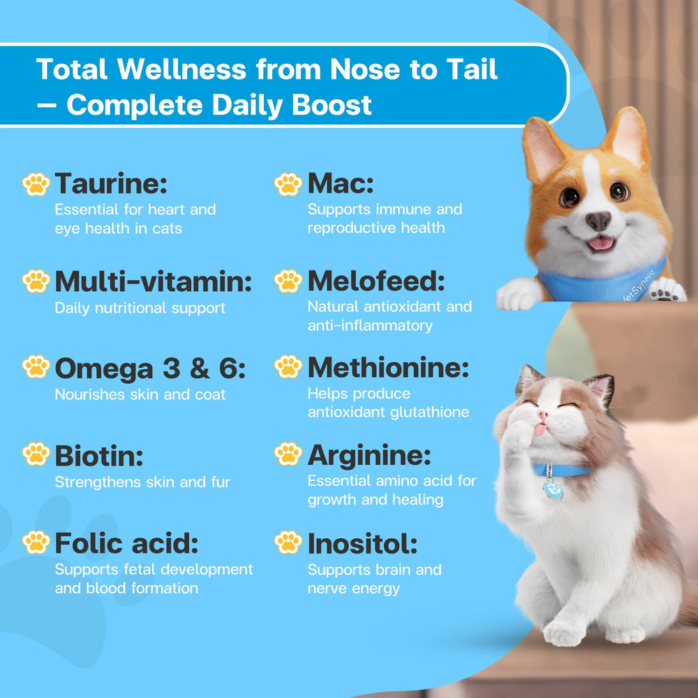 VFCARE Feline Vitality includes omega-3 and biotin for skin and coat health.