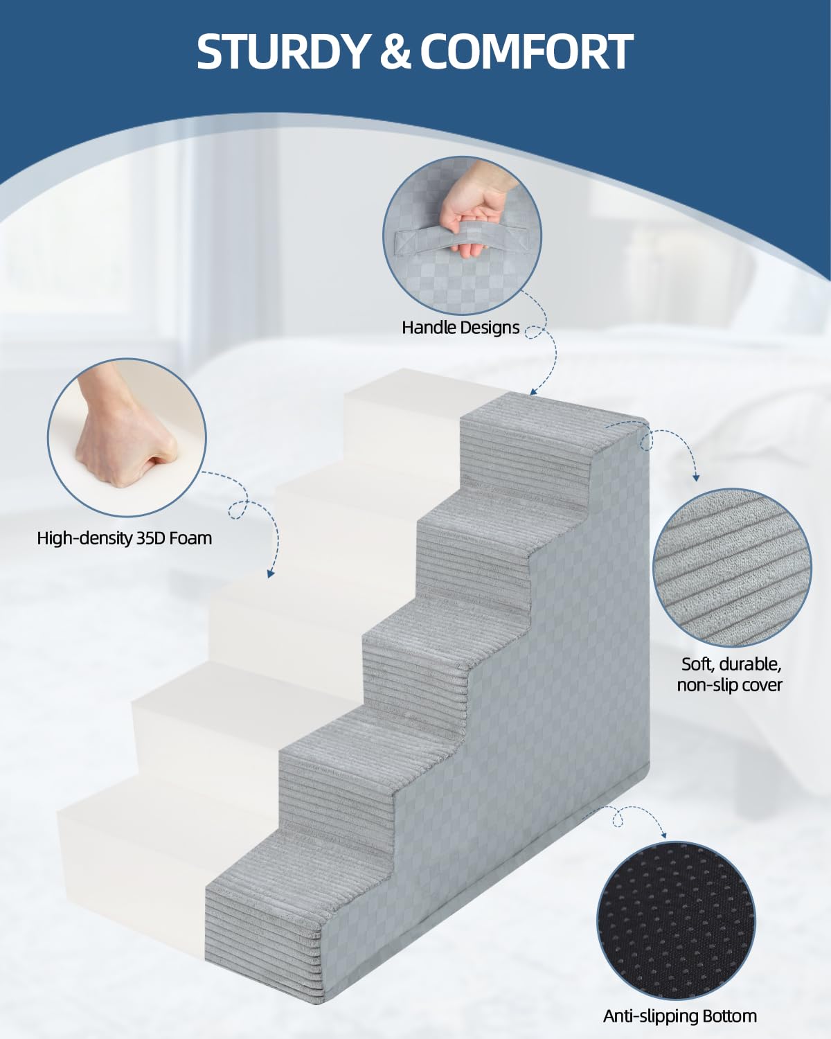 Vfrog dog stairs removable cover with easy zip for cleaning.
