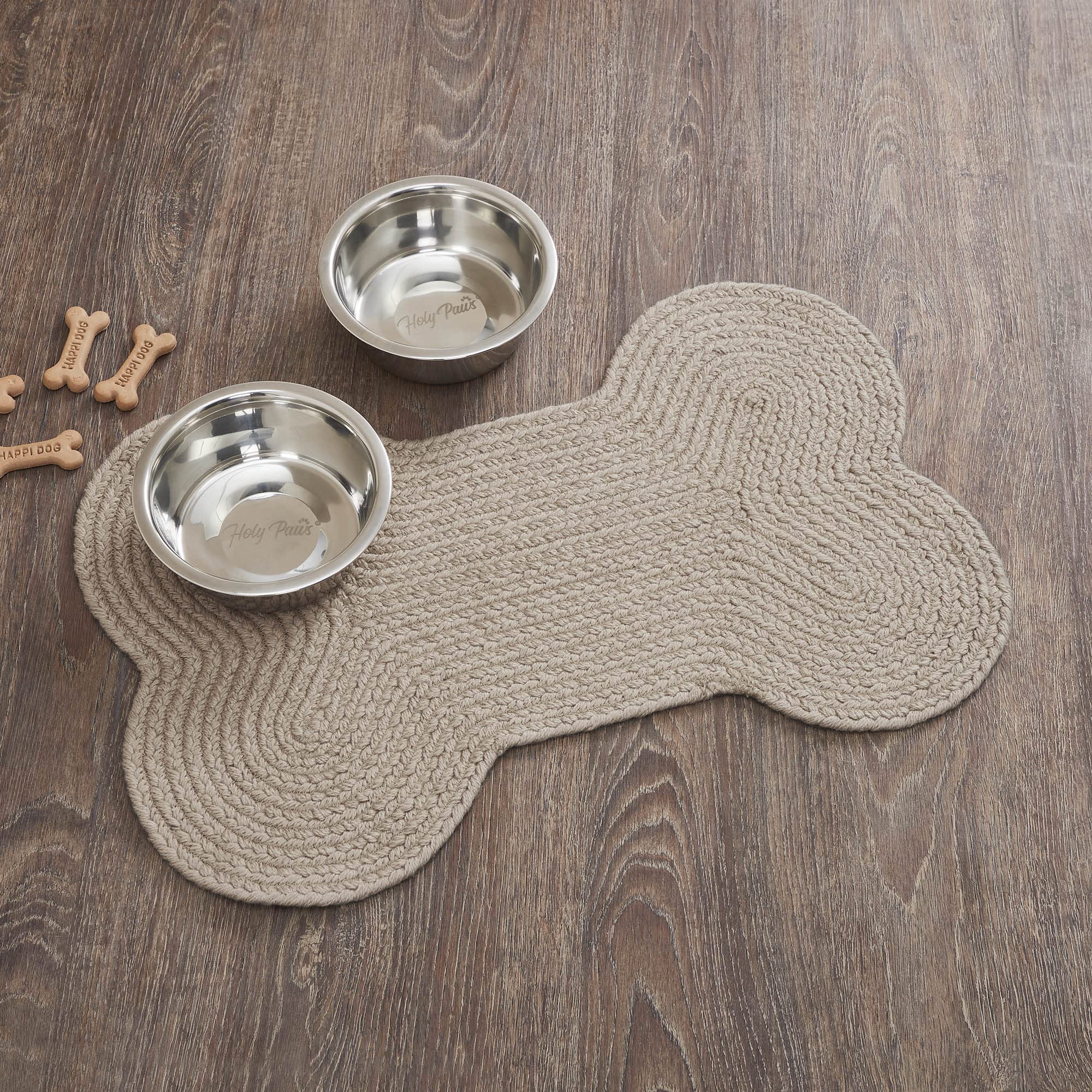 VHC Brands bone-shaped rug in natural tones protects floors from spills indoors or outdoors.