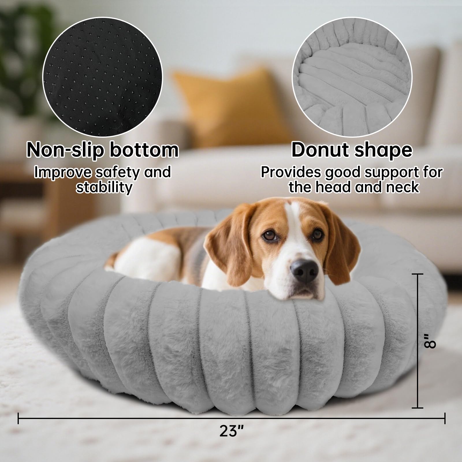 Vhen When Donut Bed anti-slip bottom keeping pet secure on smooth floors.