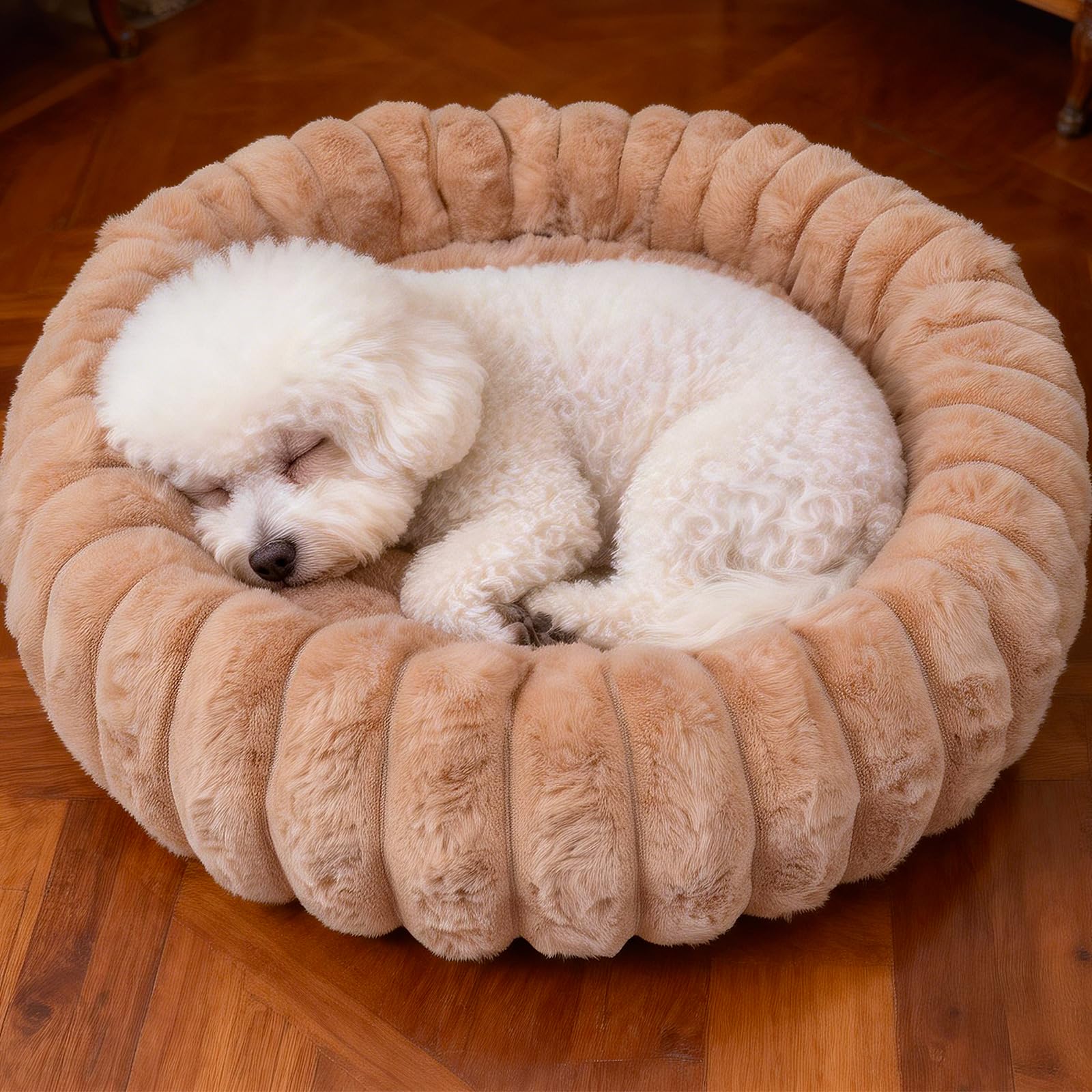 Vhen When donut bed brown front view with plush fur for comforting naps.