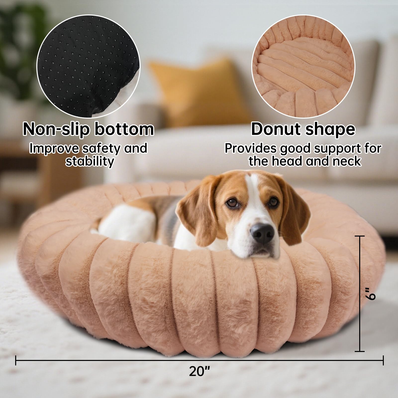 Vhen When donut bed brown side view highlights anti-slip base for stable placement.