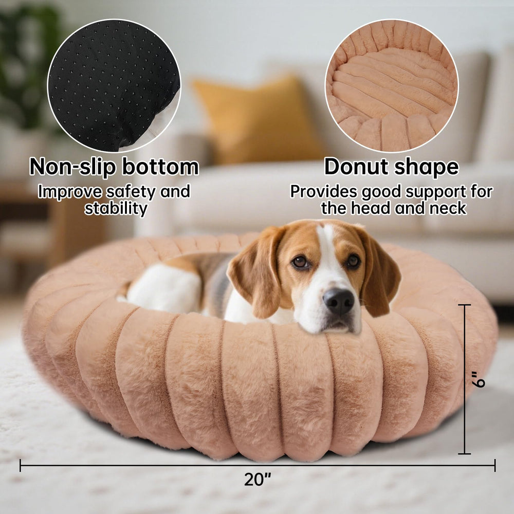 Vhen When donut bed brown side view highlights anti-slip base for stable placement.