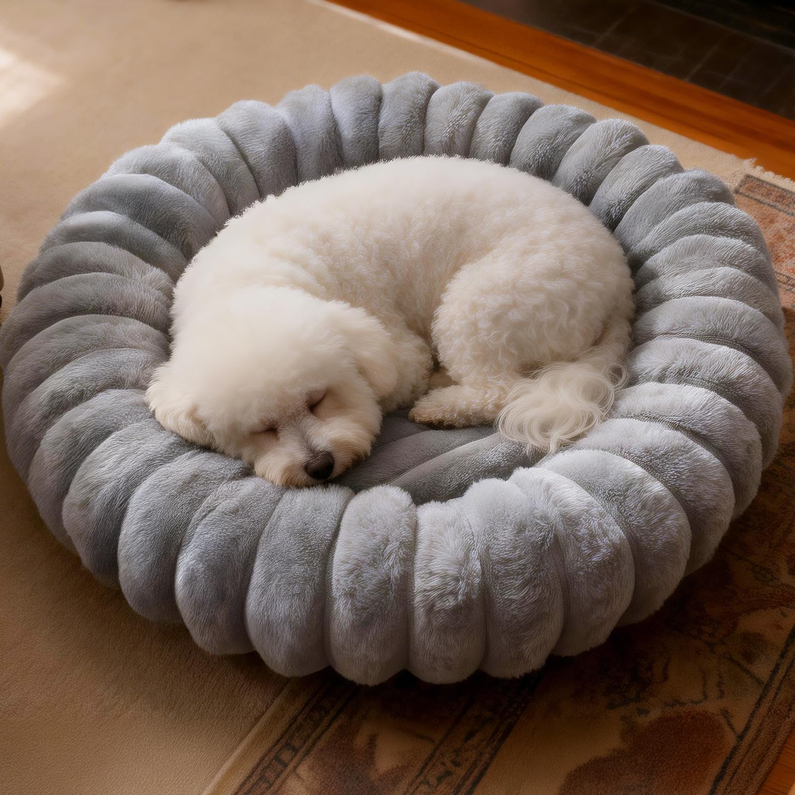 Vhen When Donut Bed closeup of faux rabbit fur for cozy warmth and softness.