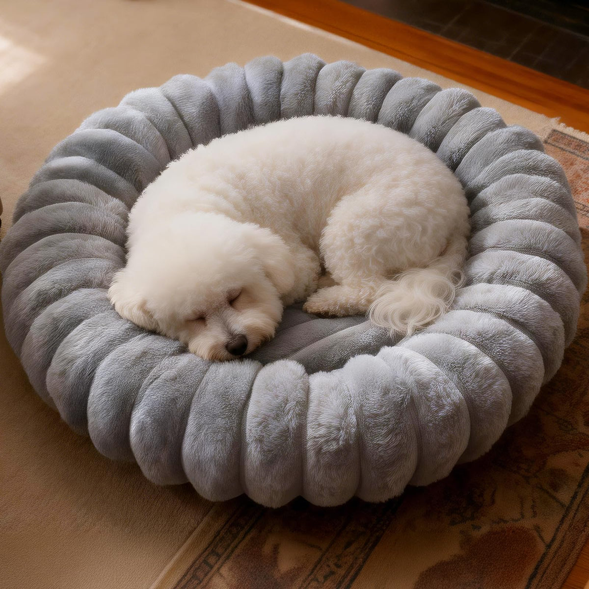 Vhen When Donut Bed closeup of faux rabbit fur for cozy warmth and softness.