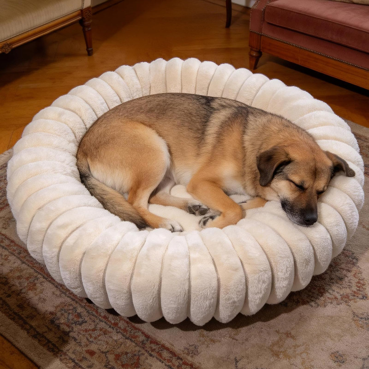 Vhen When Donut Bed top view with plush faux rabbit fur for cozy lounging