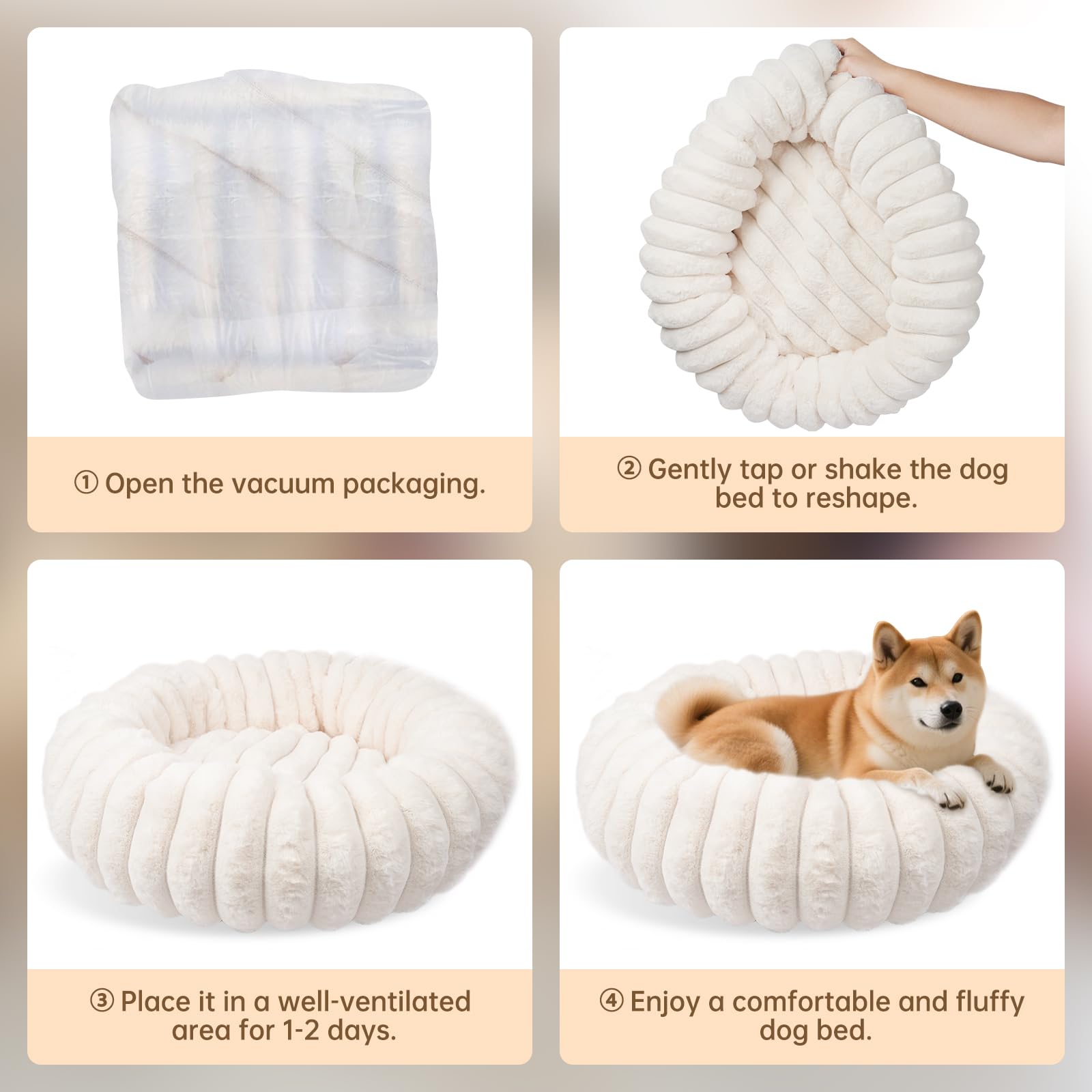 Vhen When Donut Bed unpacking revealing fluffy loft after fluffing time.