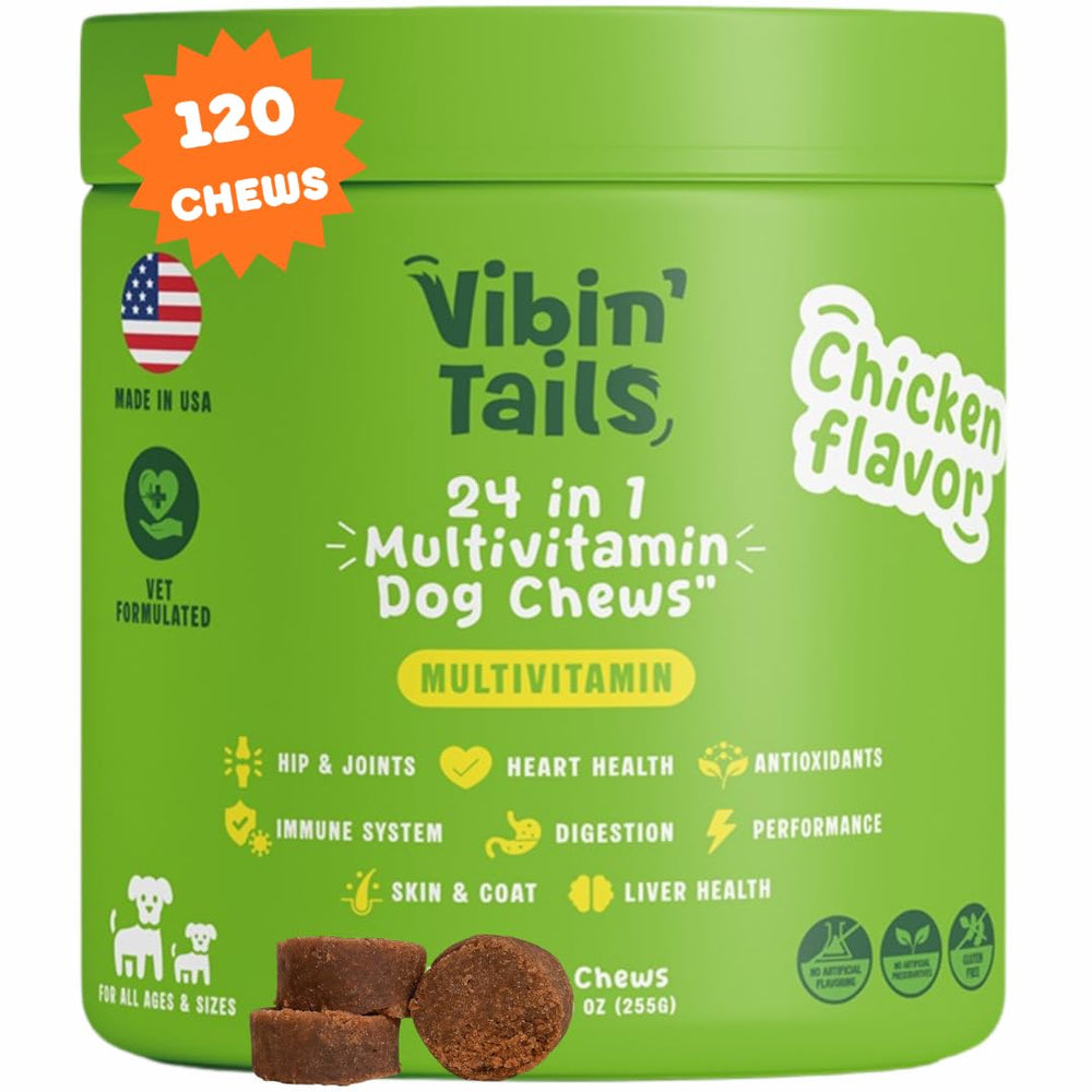 Vibin' Tails 24-in-1 dog multivitamin bottle for daily canine wellness