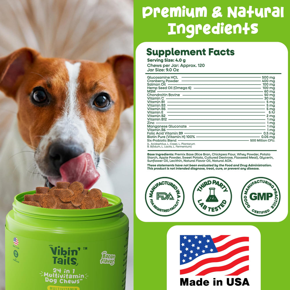 Vibin' Tails vet-formulated dog chews produced in an FDA facility