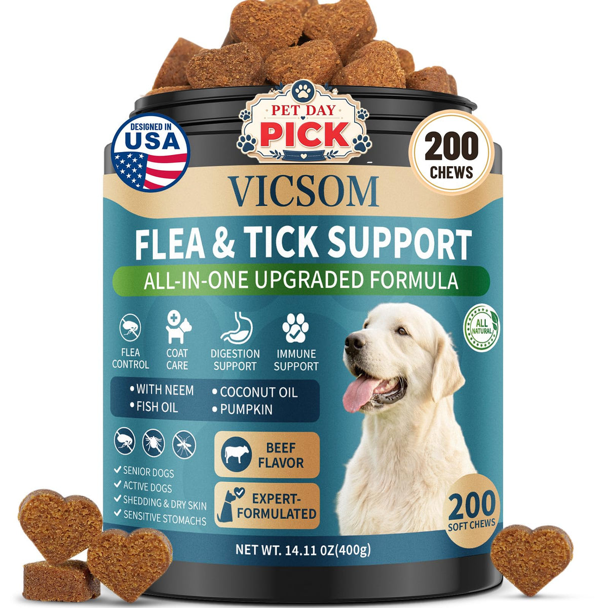 VICSOM bottle containing 200 beef-flavored dog chews for flea and tick support.