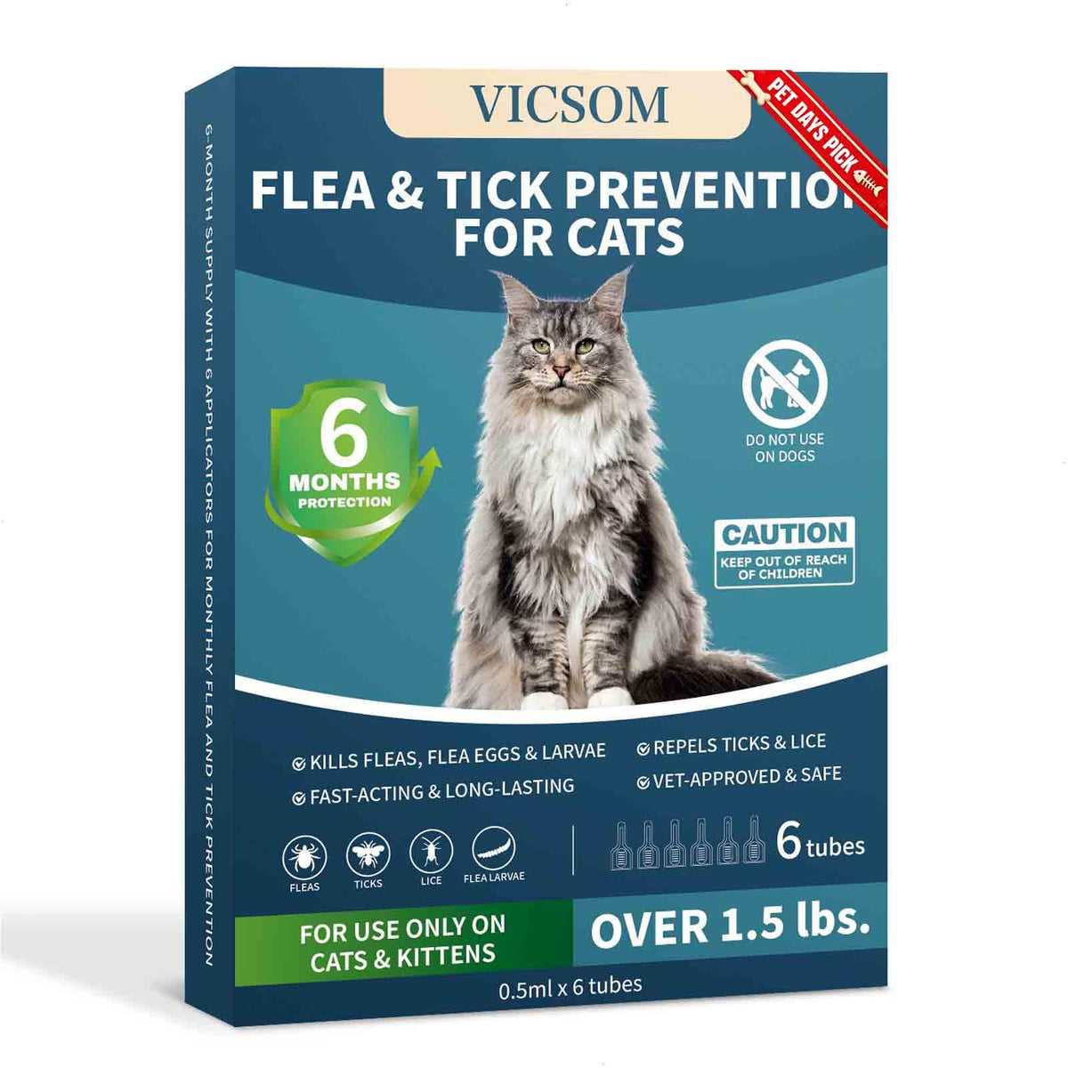 VICSOM bottle drops closeup showing fast-acting topical protection for cats.