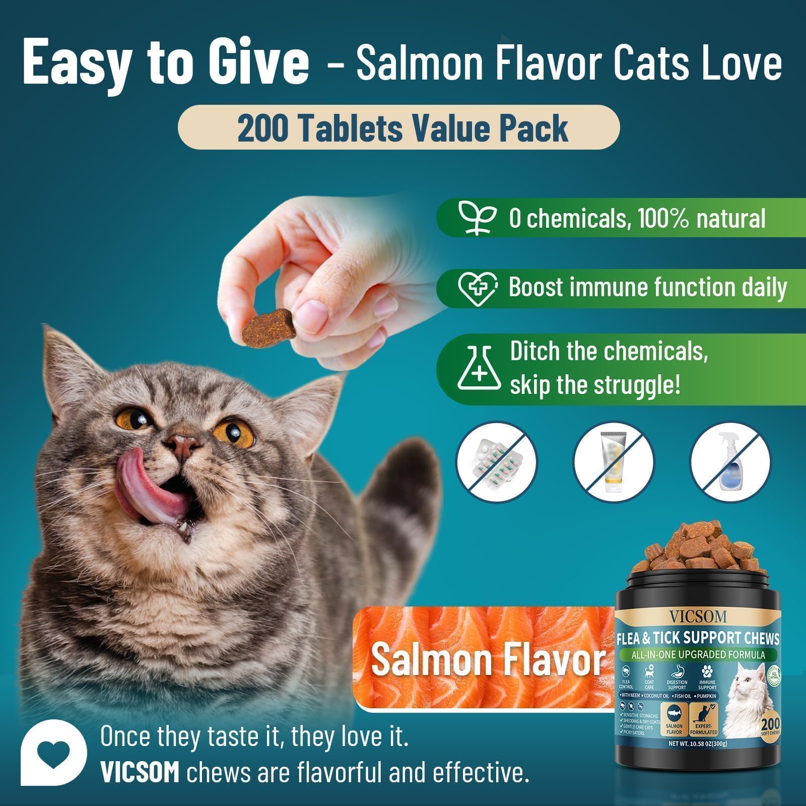 Cat enjoying a salmon-flavored VICSOM chew with happy expression
