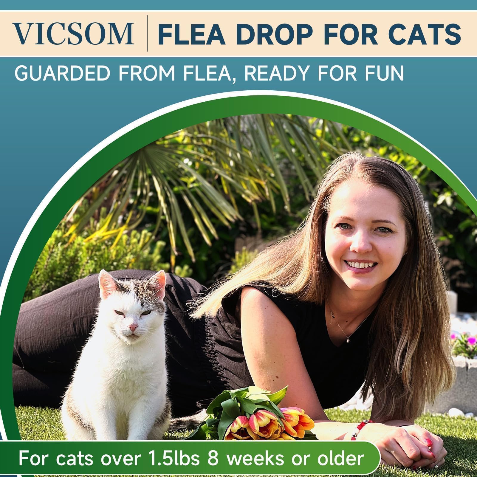VICSOM cat flea lifecycle disruption concept with visible protection benefits.